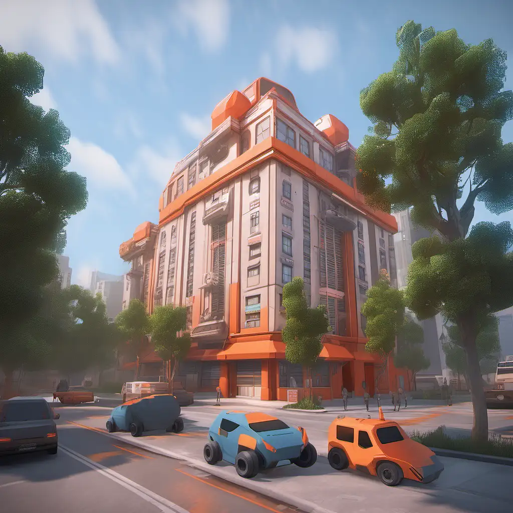 dont change orange corner building, add cyberpunk features, add flying cars, add red and blue aliens walking on the streets, add scyscrapers to the sky
