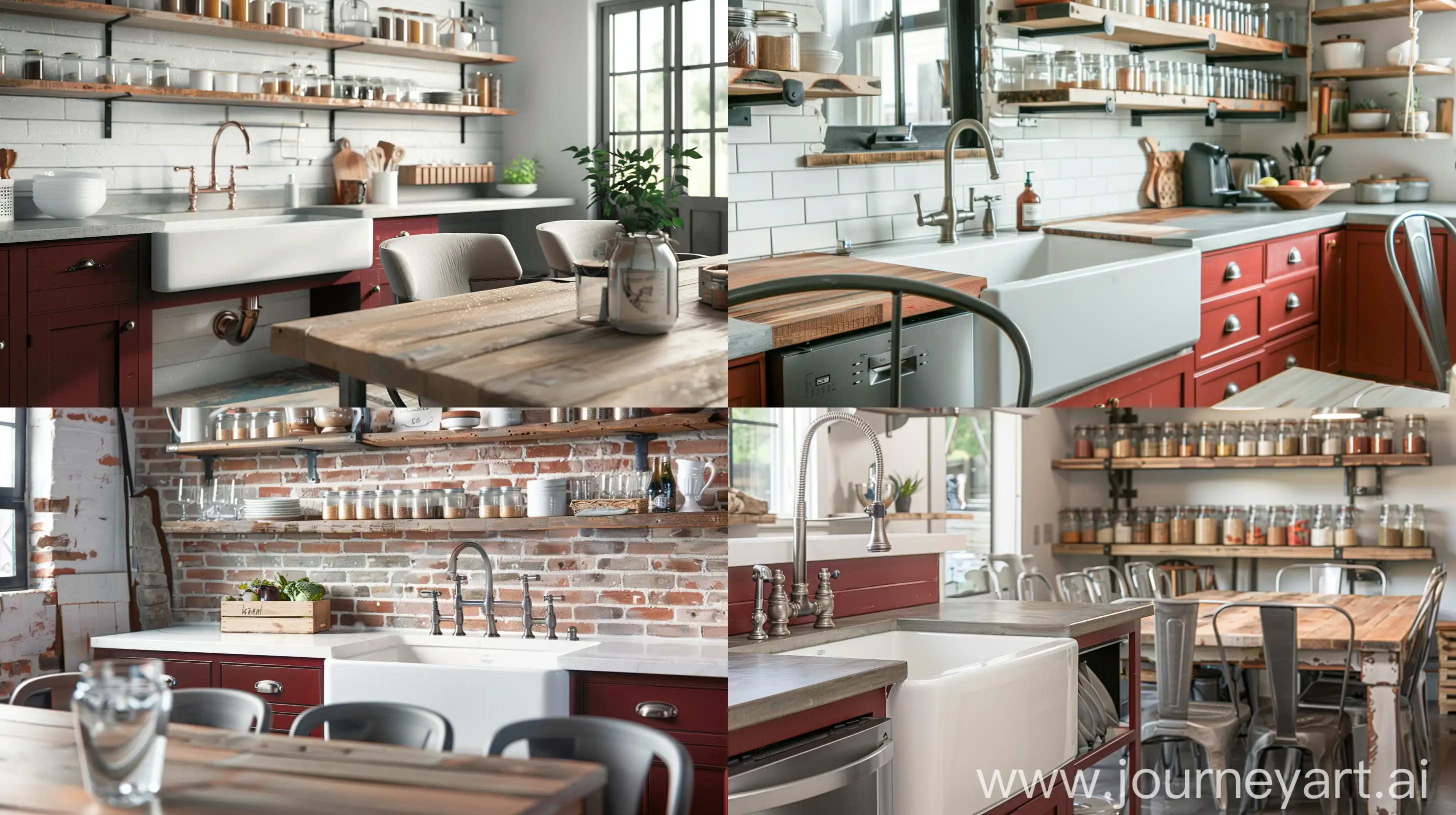 Modern Farmhouse Kitchen Room. Imagine a farmhouse sink, open shelving showcasing mason jars, and a large reclaimed wood dining table with industrial-style chairs, Warm rustic red, farmhouse white, and brushed stainless steel. These colors create a harmonious blend of old and new. --ar 16:9