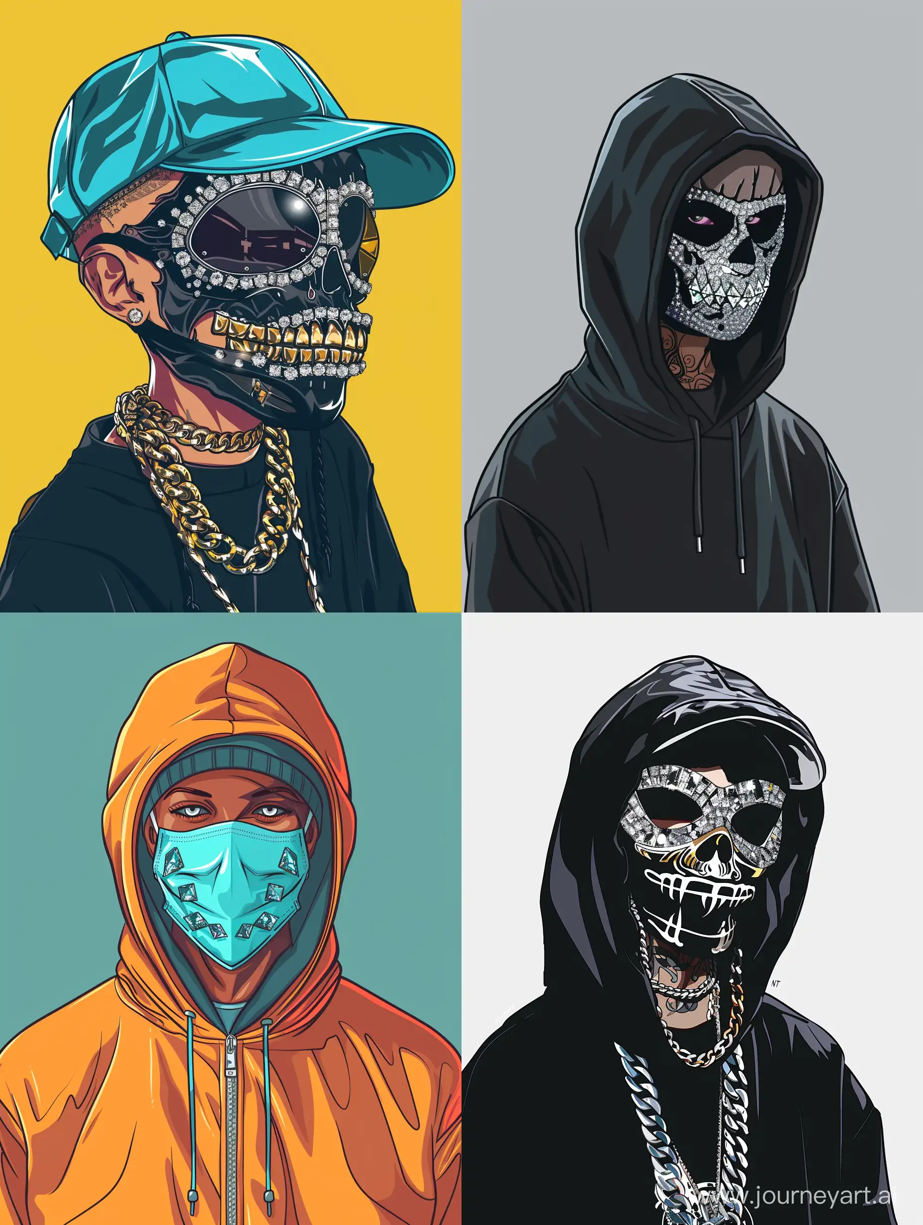 a nft character wearing diamond scary mask, cartoon style, balenciaga or gucci style