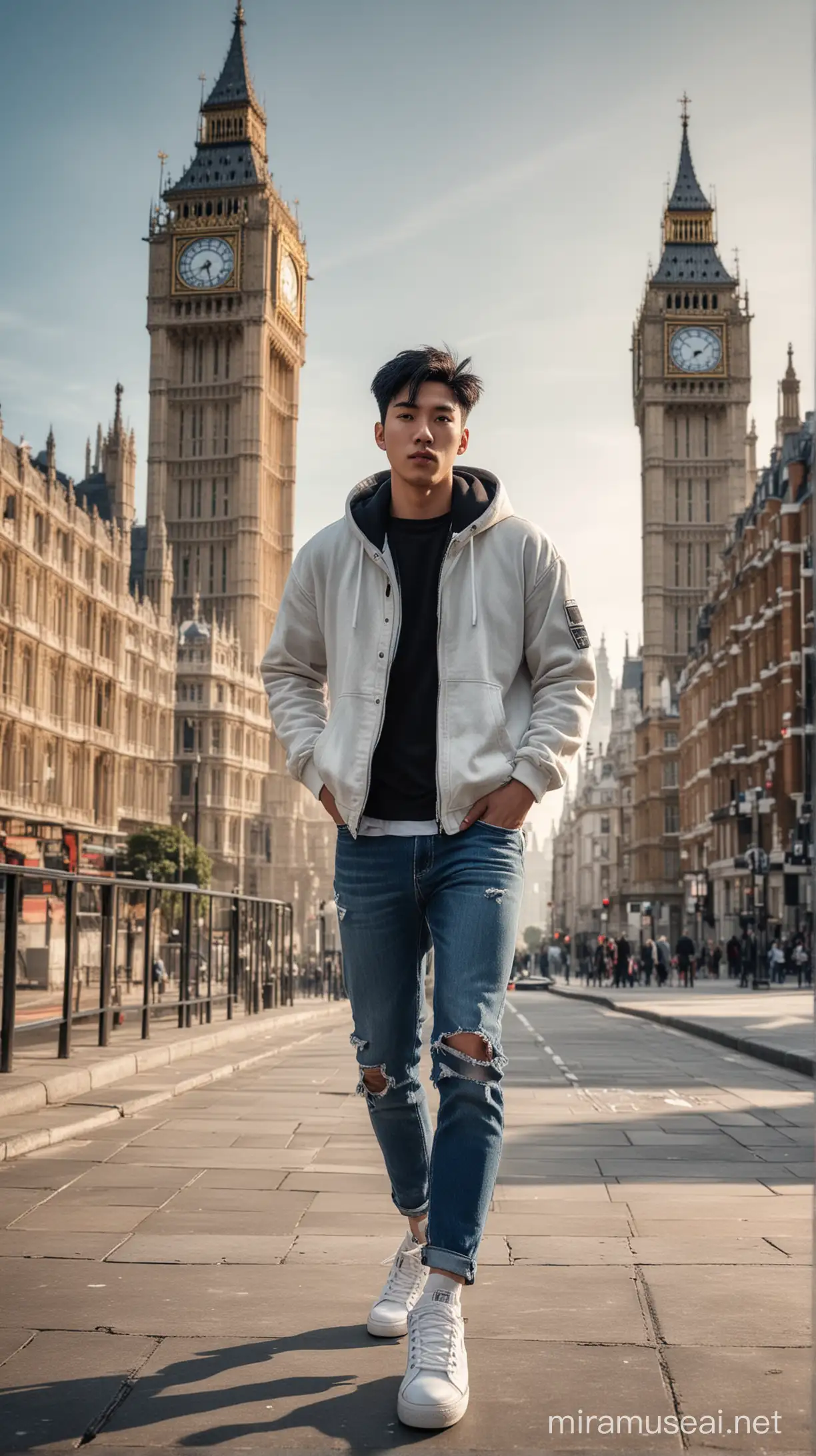 Stylish Korean Man Poses Amidst Londons Morning Glow at Big Ben