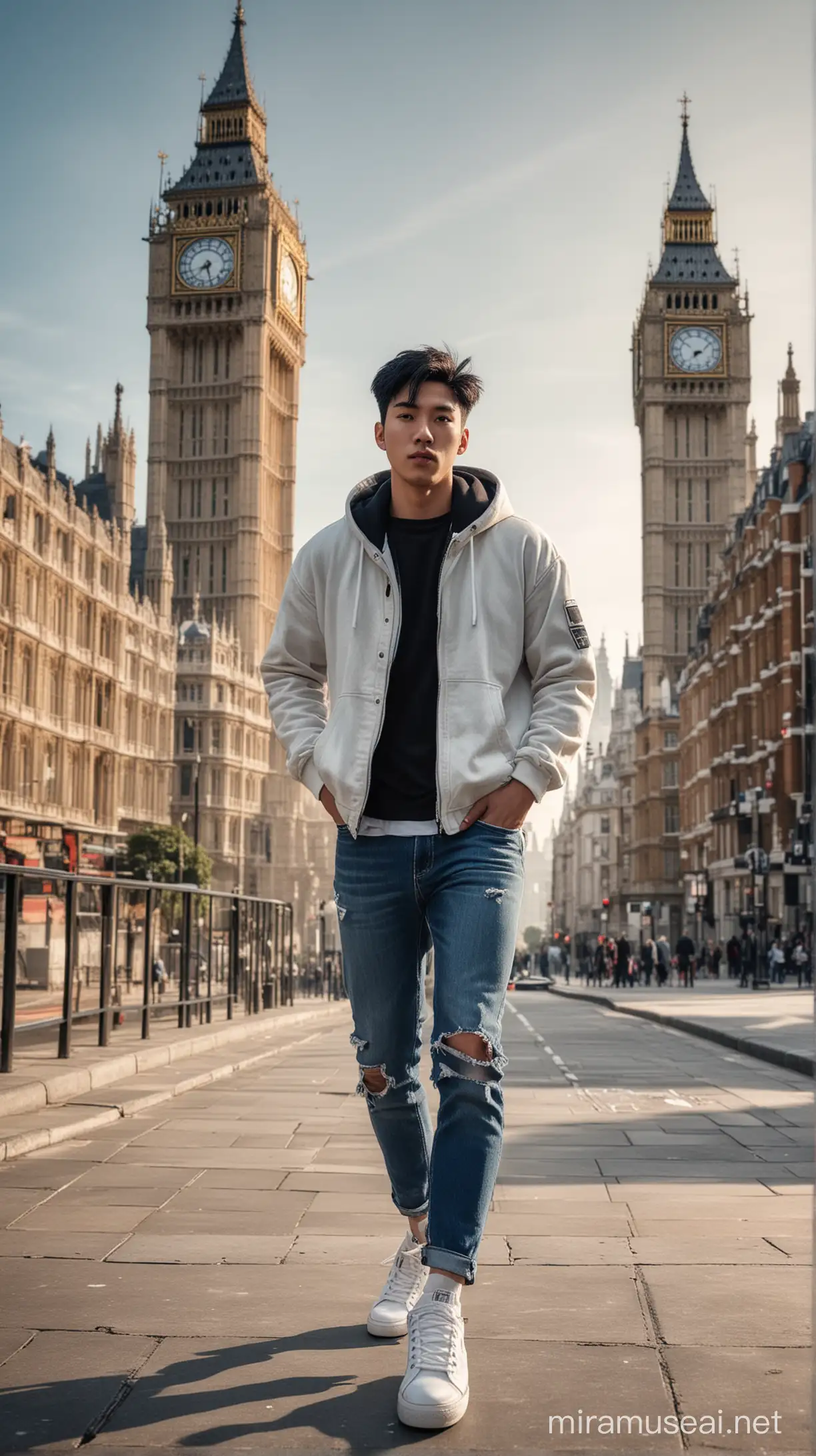 Pria Korea cantik bersih rambut hair cut hitam rapih,dengan memakai jaket Hoodie dan Levis sobek, dan sepatu snaker berwarna putih sedang berpose di belakang menara big Ben London saat pagi hari, wajah menghadap camera suasana romantis ultra HDR extreme gambar sempurna tidak cacat