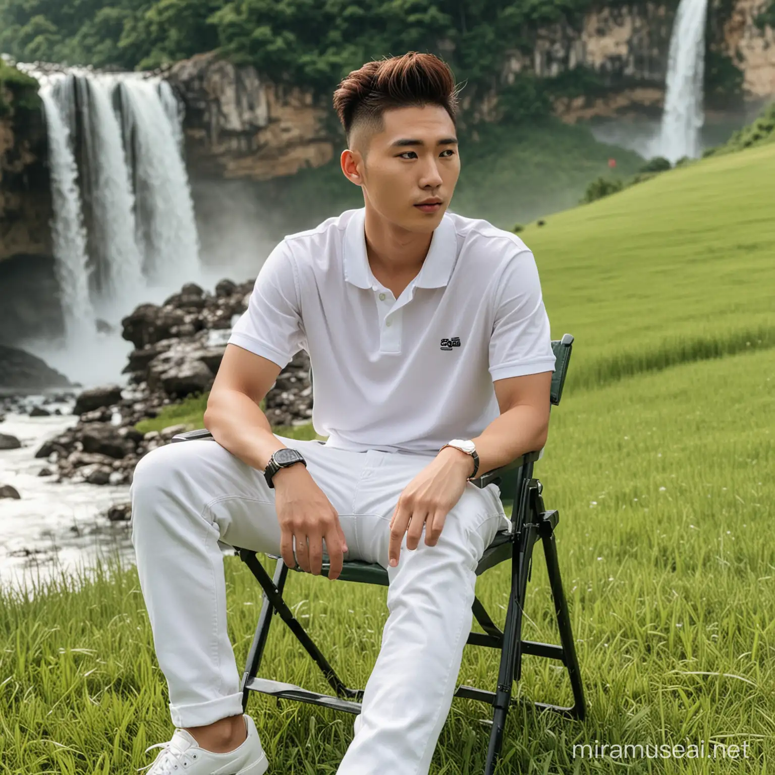 Laki-laki korea umur 25 tahun undercut faux hawk hairstyle, baju polo putih celana jeans duduk di kursi portabel di dataran hijau dengan background air terjun yang indah 