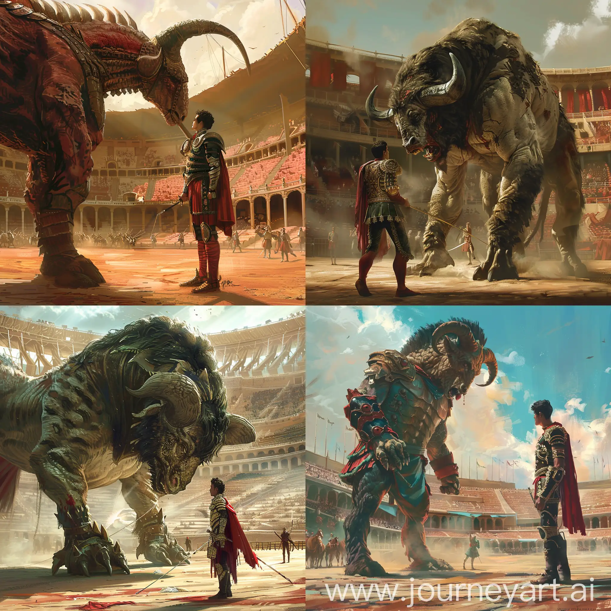 Fantasy artwork showing a matador face to face with a beast creature,majestic arena ,captivating  shot