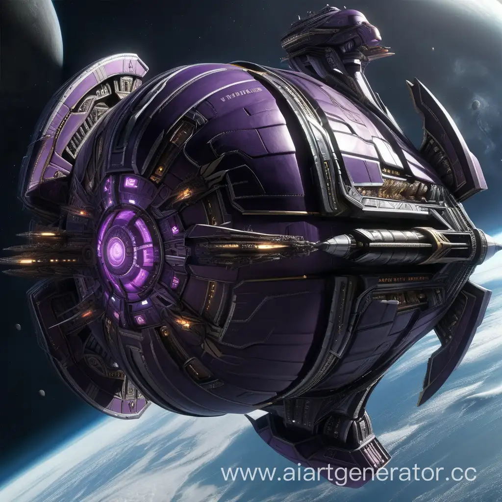 Sinister-BlackPurple-Spaceship-with-Rotating-Shield-and-Massive-Deck-Guns