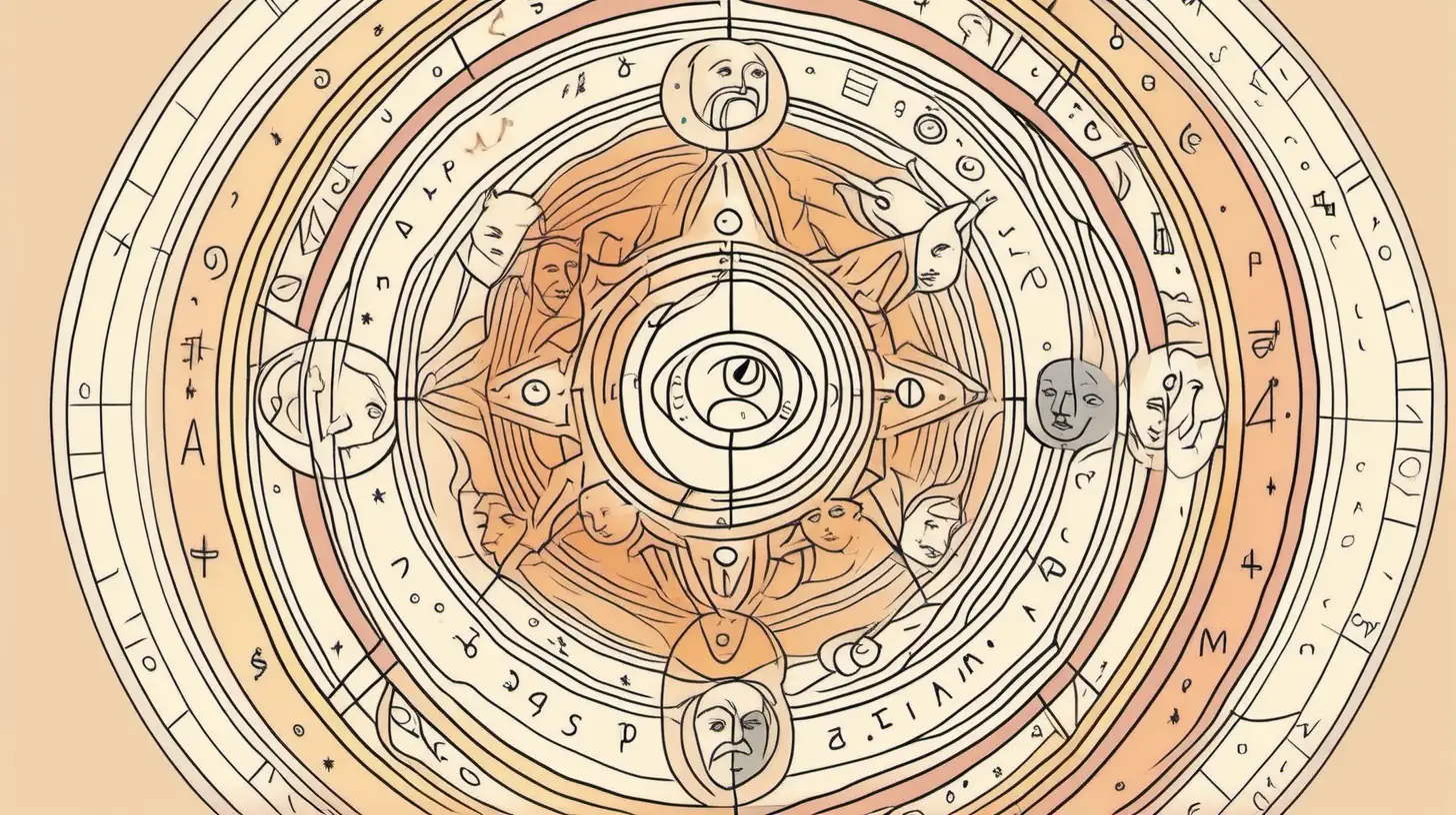 Astrological Wheel with Faces Loose Lines and Muted Colors