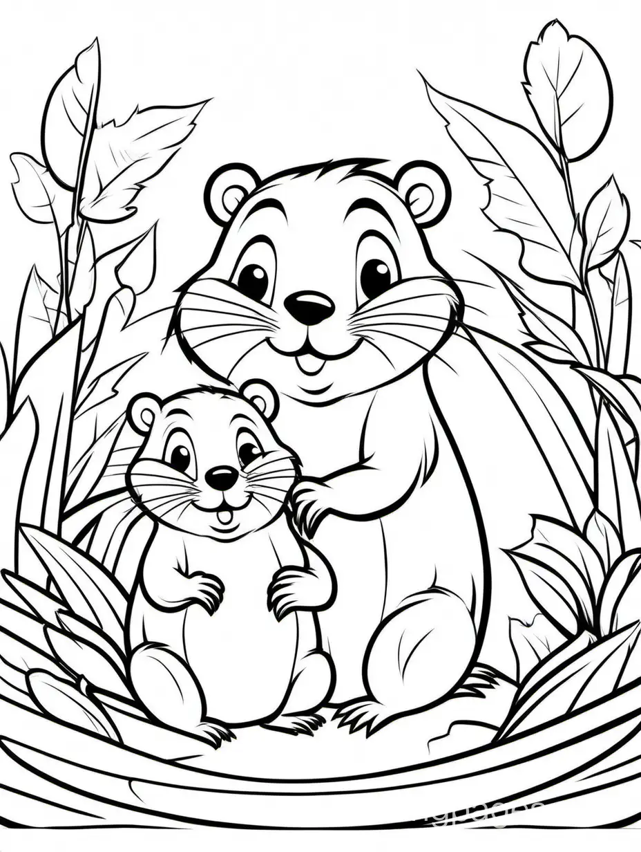 cute Beaver with his baby for kids, Coloring Page, black and white, line art, white background, Simplicity, Ample White Space. The background of the coloring page is plain white to make it easy for young children to color within the lines. The outlines of all the subjects are easy to distinguish, making it simple for kids to color without too much difficulty