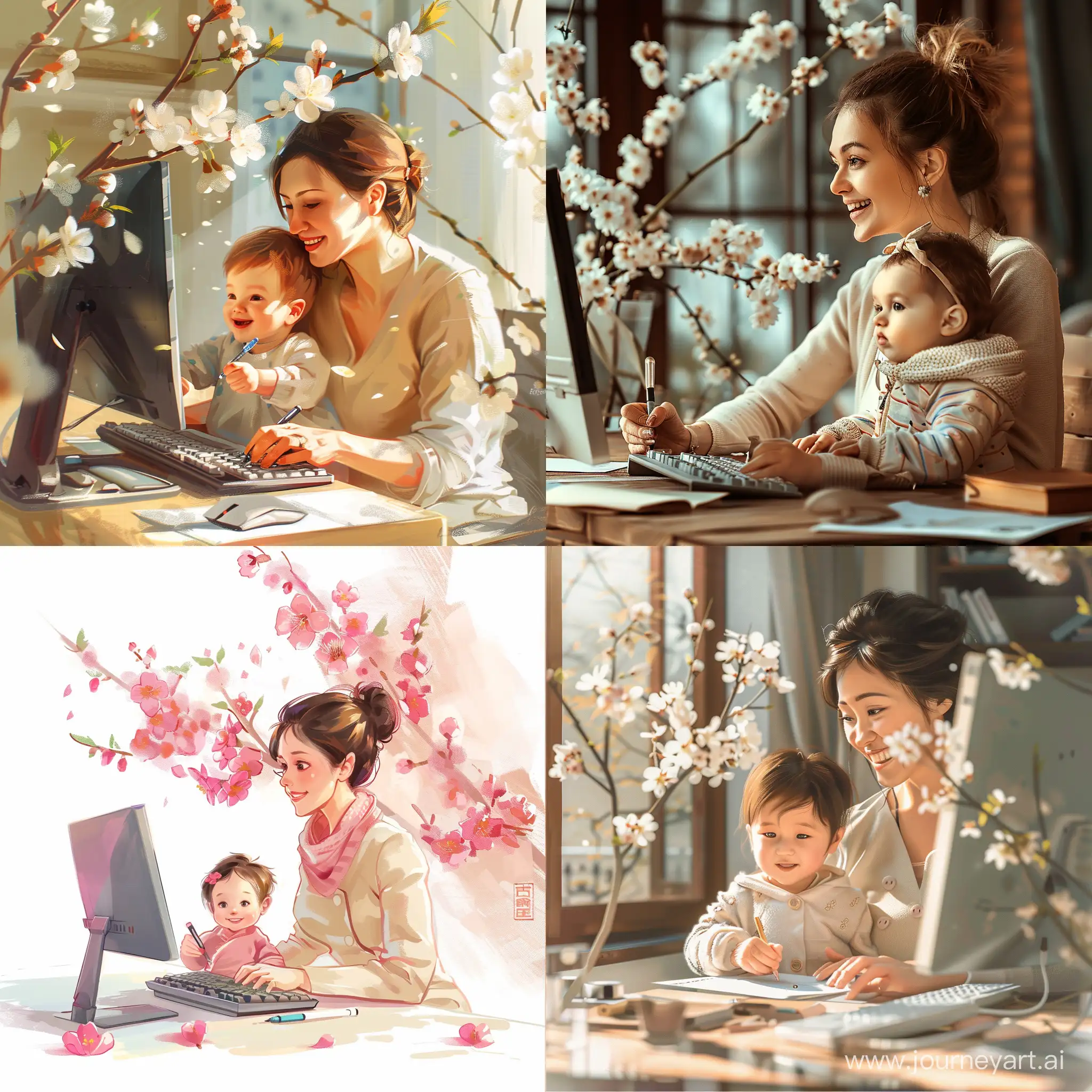create a picture "a mother with a small child is sitting at a computer and writing something enthusiastically", the image format for the Yandex zen channel, bright blossoms, the picture is as realistic as possible