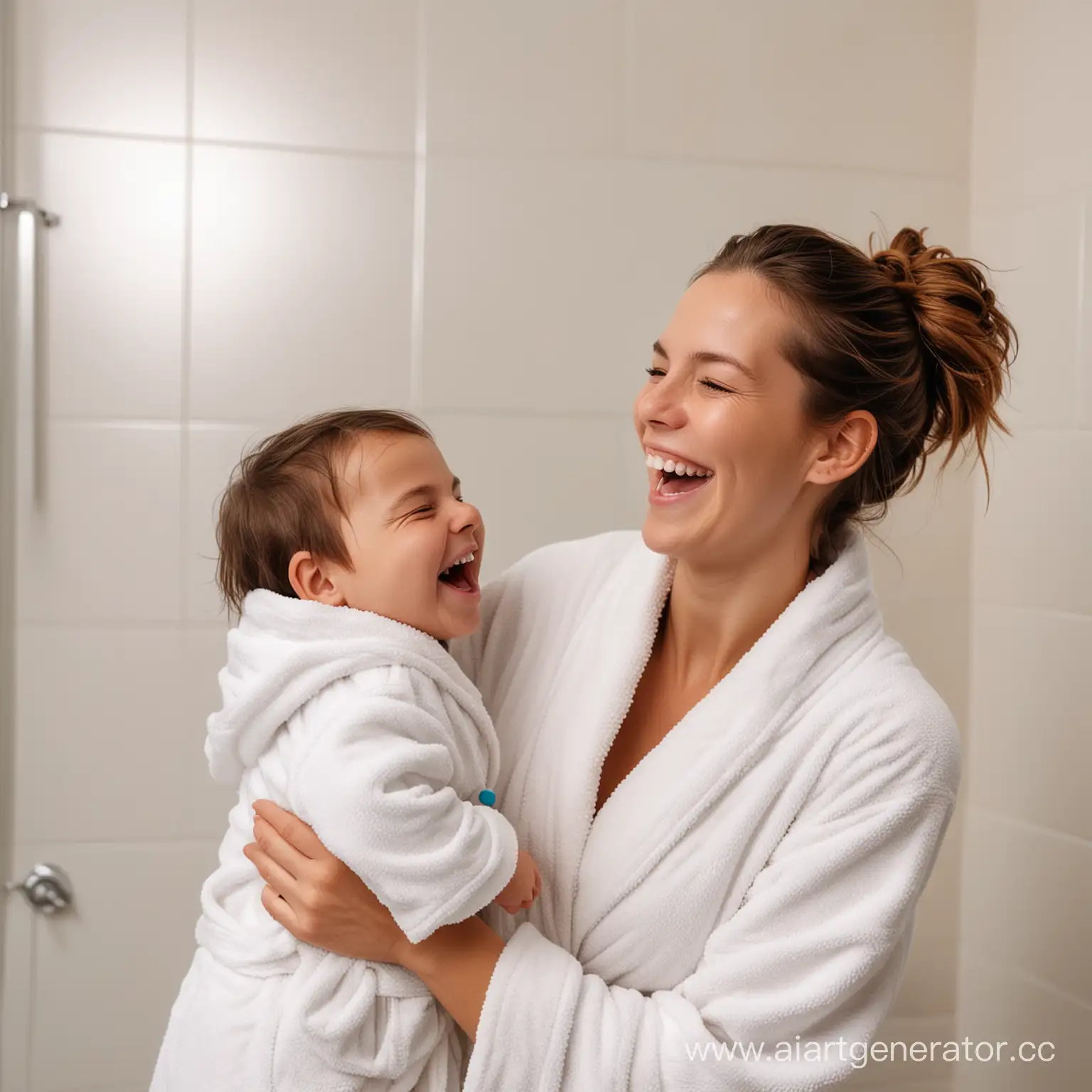 Молодая женщина радостно держит двухлетнего смеющегося мальчика в халате в ванной комнате