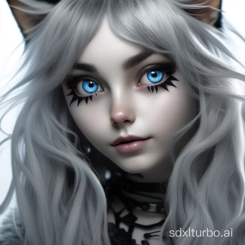 hyper photorealistic furry cat-girl with black hair and blue eyes, her body turned towards the camera with a playful gaze in her eyes, gothic style, pale gray skin tone, feline-looking big eyes with a lot of eyeliner