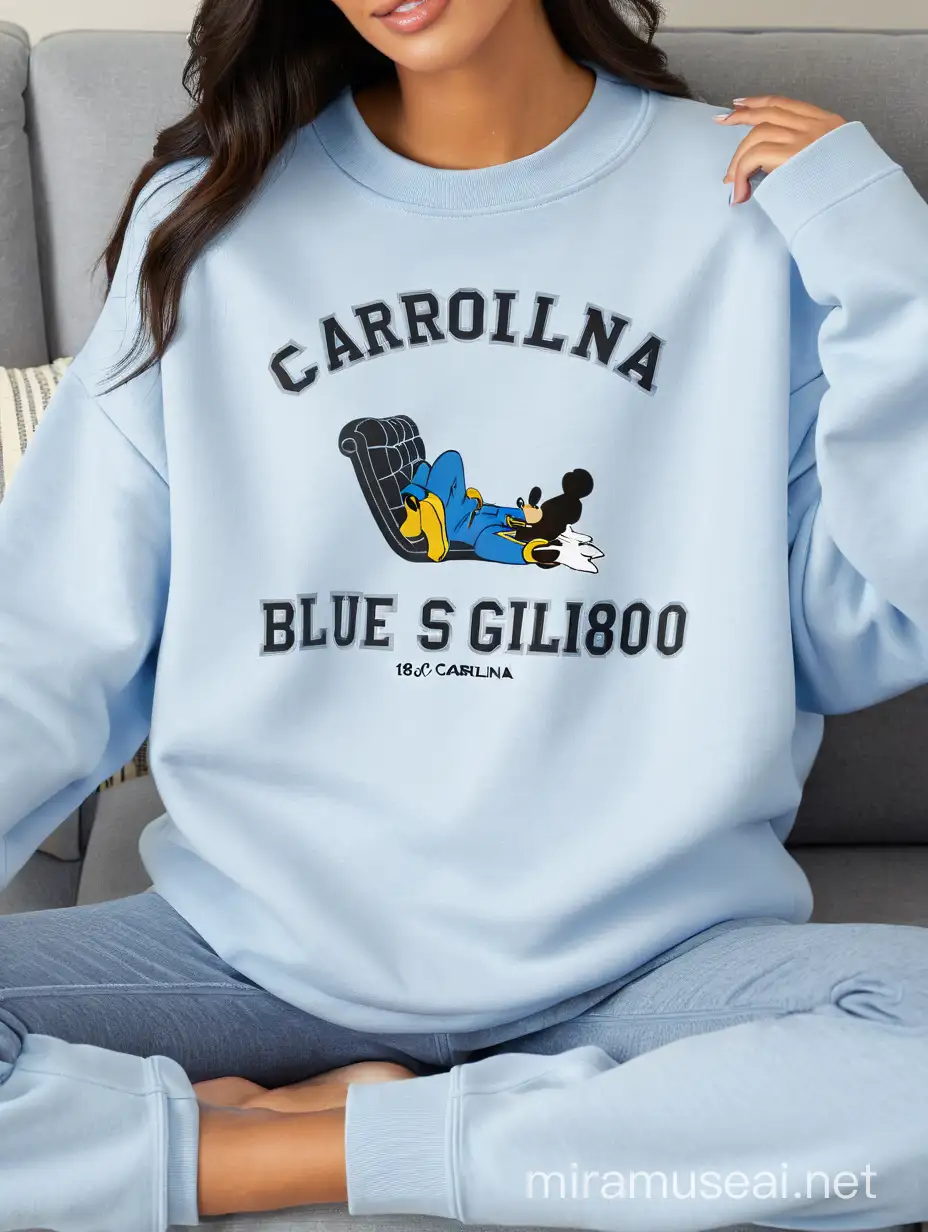 Model Sitting Comfortably in Oversized Carolina Blue Sweatshirt