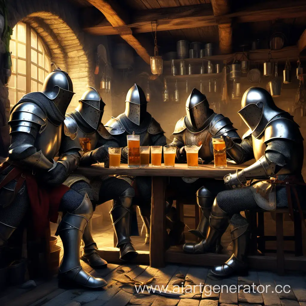 Рыцари выпивают в трактире после выполнения работы 