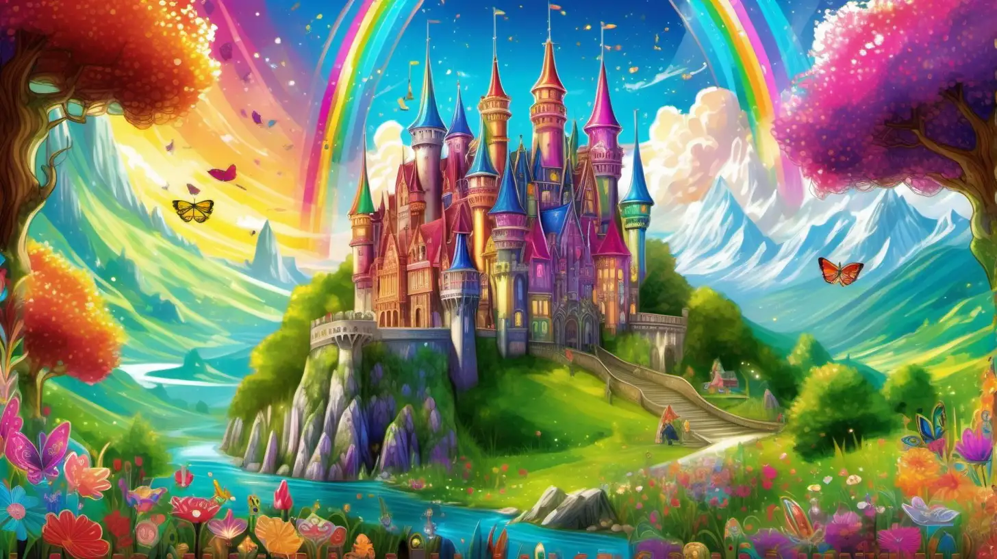Illustration of a magnificent enchanted castle with towering turrets and sparkling spires, surrounded by a lush green landscape and a vibrant rainbow, adorned with blooming flowers and fairytale creatures, housing graceful princesses in elegant gowns and brave knights in gleaming armor, carrying dazzling swords and shields, medieval, fairy tale, fantasy, highly detailed, vibrant colors, digital painting, whimsical, dreamy, magical ambiance, target audience: adult jigsaw puzzles