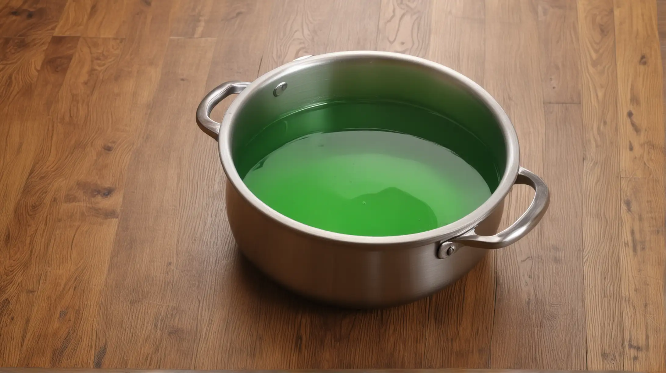 boiling pot with shiny green liquid on wood floor. Close up