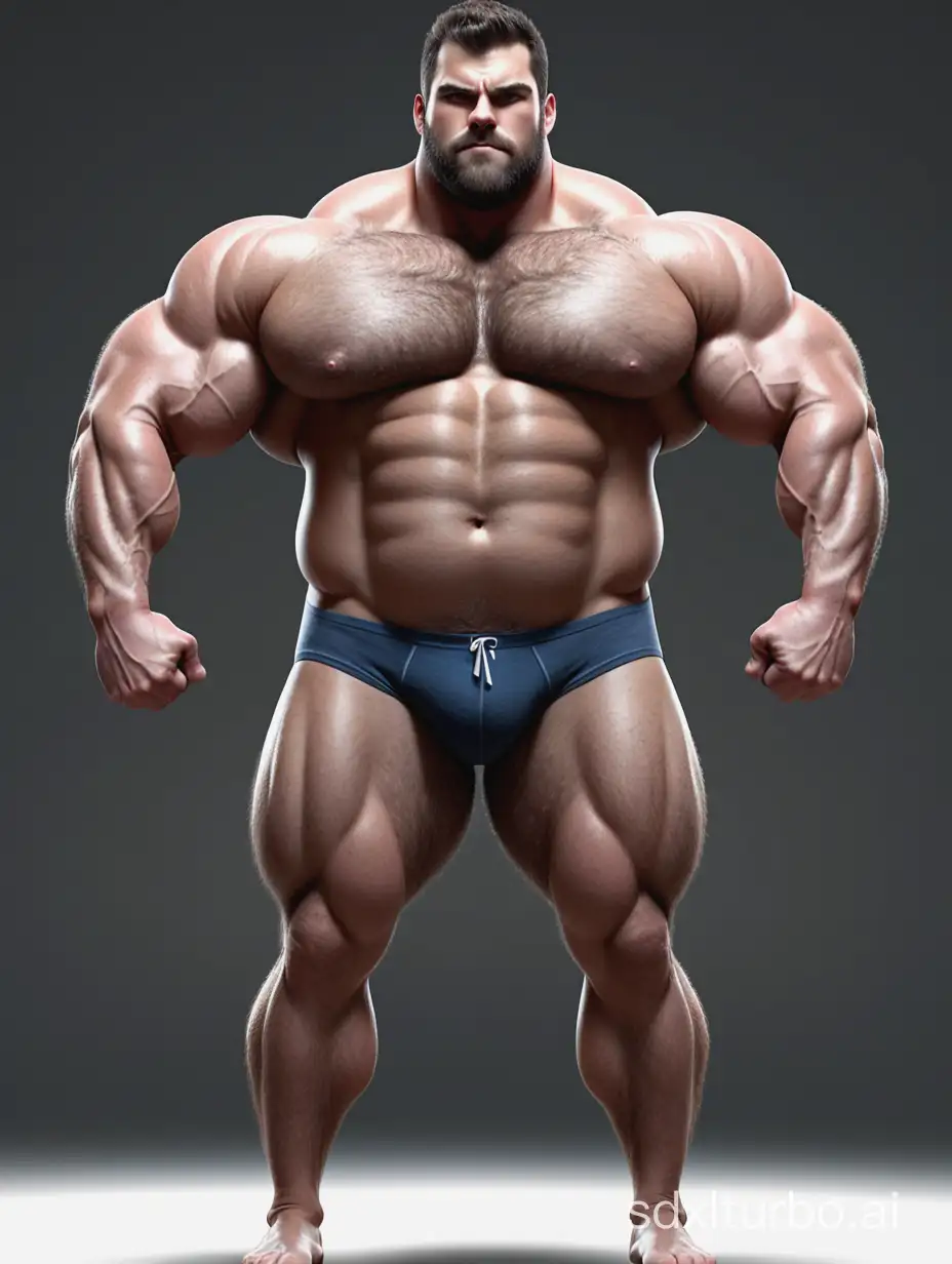 White skin and massive muscle stud, much bodyhair. Huge and giant and Strong body. Long and strong legs. 2m tall. very Big Chest. very Big biceps. 8-pack abs. Very Massive muscle Body. Wearing underwear. he is giant tall. very fat. very fat. very fat. Full Body diagram. long legs. raise his arms to show his giant biceps. 