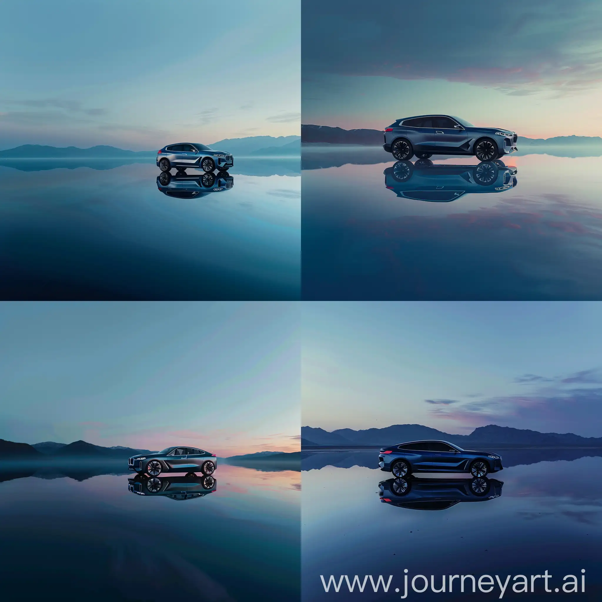BMW x8 car that reflects the twilight’s soft light, The calm waters create a mirror-like reflection of the car,  Distant mountains add a sense of depth and tranquility, Sky: Soft hues of blue suggest it’s either dawn or dusk