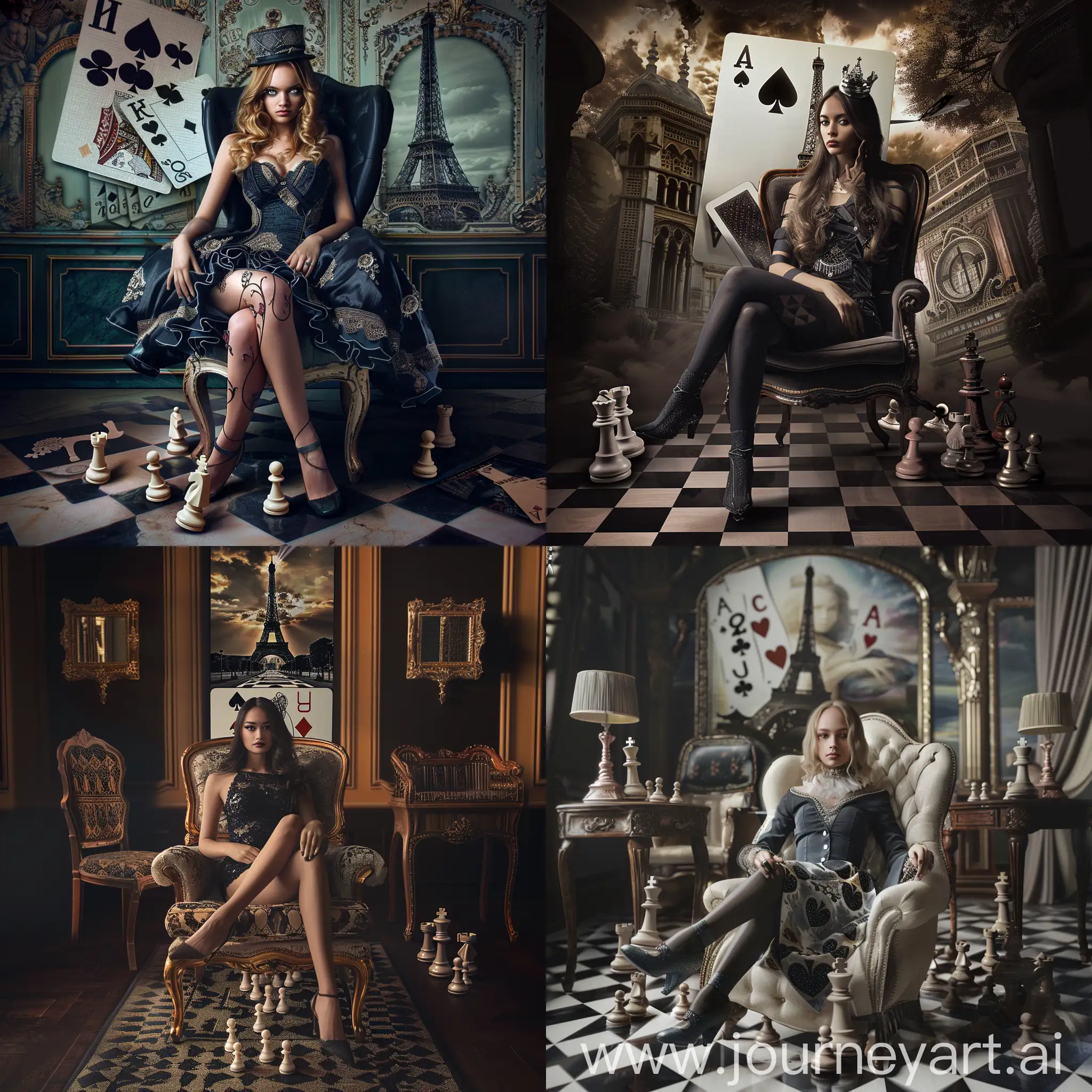 fashion photography, girl in chair, poker card in the background, with the chess path leading to her with pawns, eiffer tower, ultra realistic , 4k, low contrast, full body