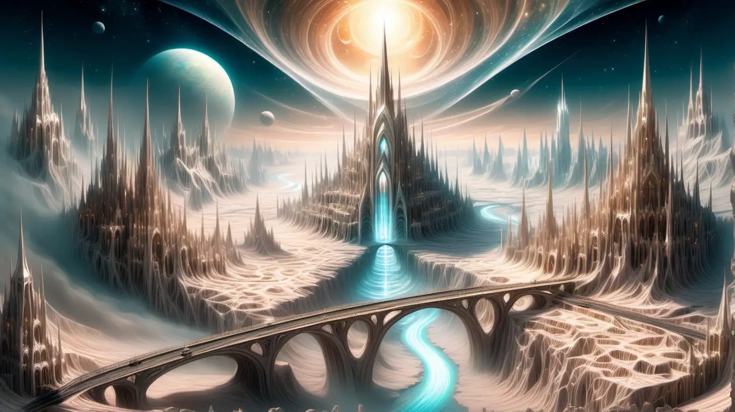 Ethereal Plane with majestic spires cities, bridges and road with luminescent rivers flowing through valleys of crystalline sands