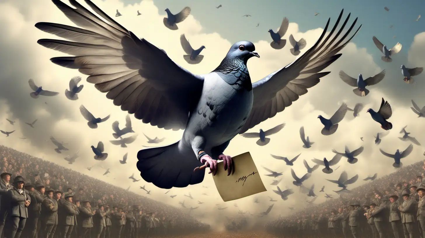 Realistic Messenger Pigeon Soaring Over Battlefield with Urgent Note