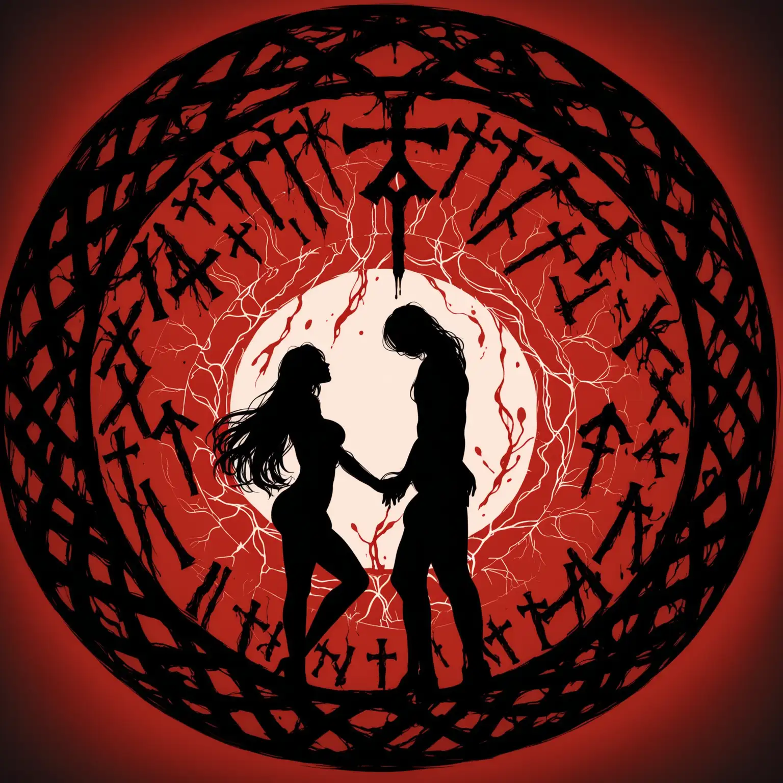 Enigmatic Circle of Runes Passionate Silhouettes and Blood Veins
