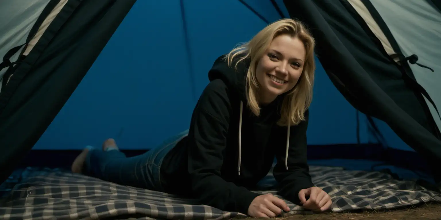 Dark Blond Woman Smiling in Nighttime Tent Scene