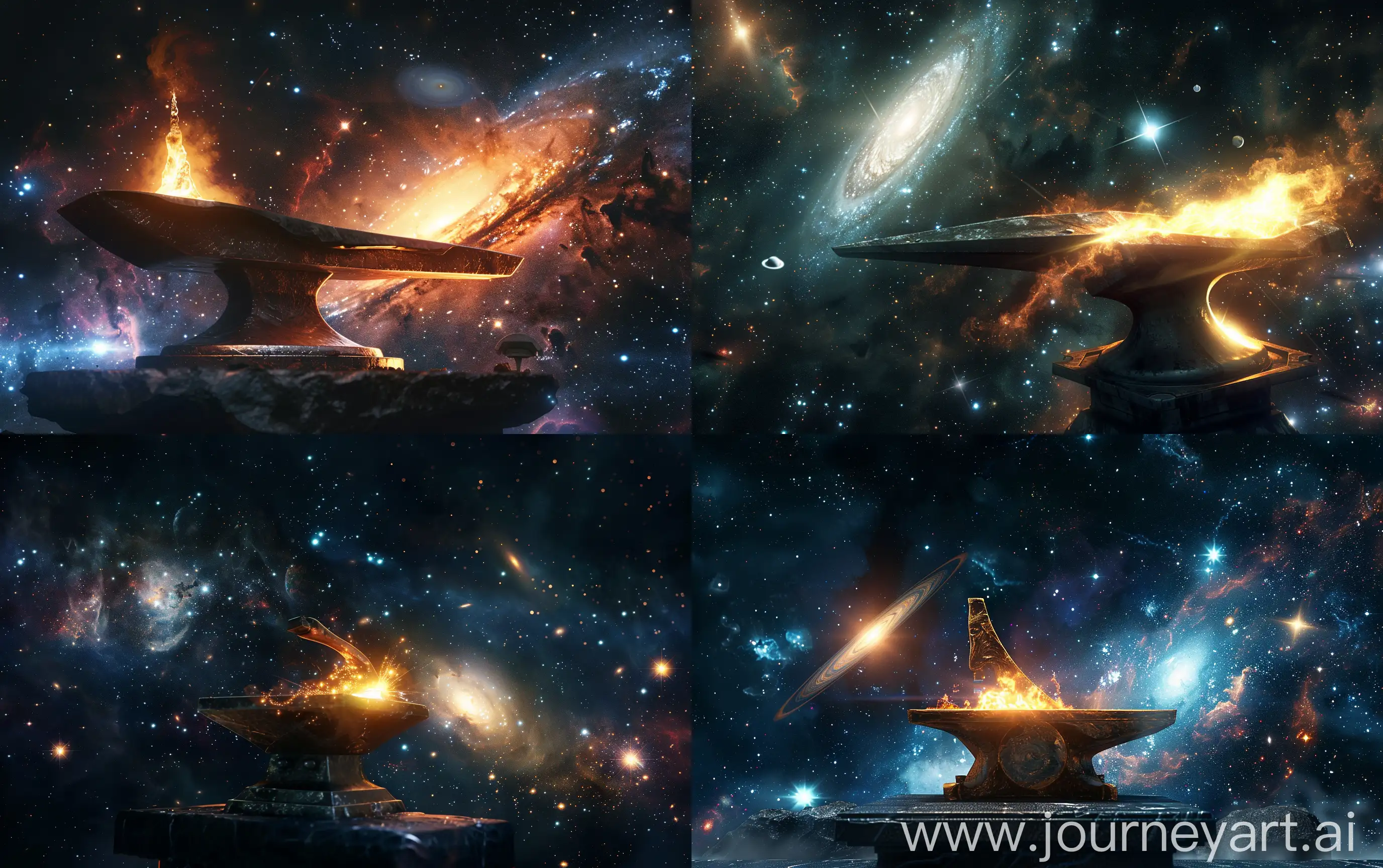 Supernova fusion forge, glowing anvil, deep space on background with bright galaxies and a nebula and a comet, realistic, hi resolution, cinematic, Canon 18mm --ar 16:10