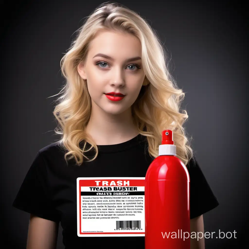 Beautiful blonde girl advertises the TRASH BUSTER odor remedy, red trigger bottle with TRASH BUSTER label, Lily scent, Septohim inscription on clothing.