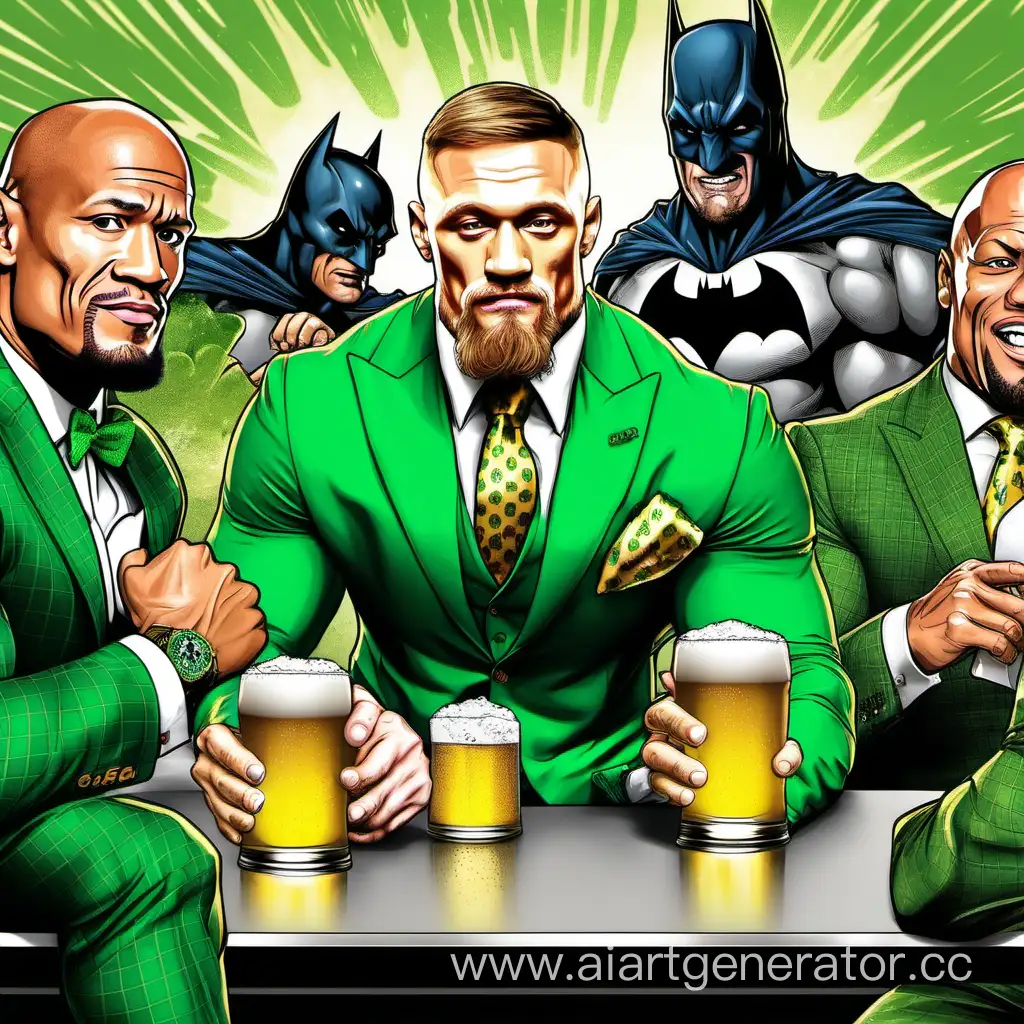 Celebrity-Trio-Conor-McGregor-Dwayne-Johnson-and-Batman-Enjoying-Beer-in-Stylish-Green-Suit