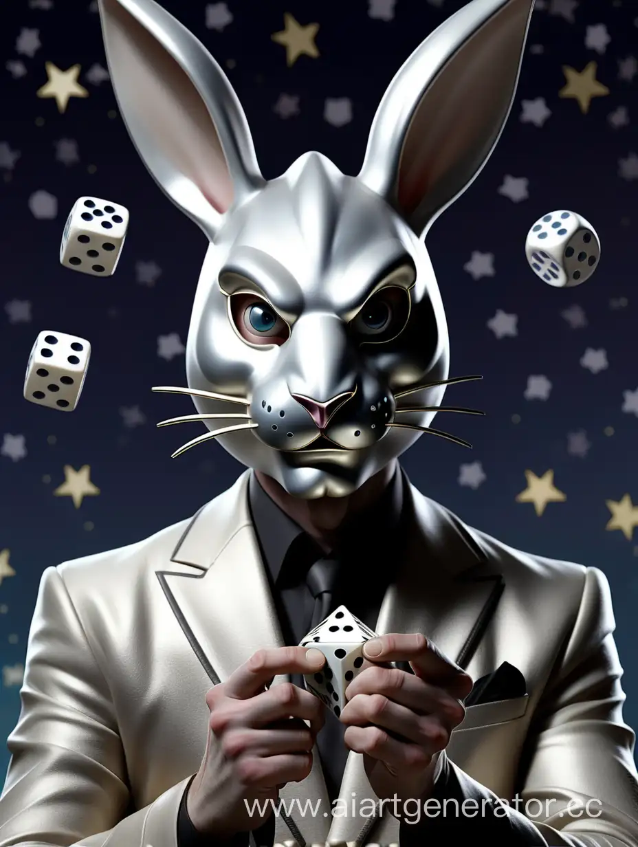 Богатый человек в маске серебристого кролика держит игральные кости на фоне звезд
