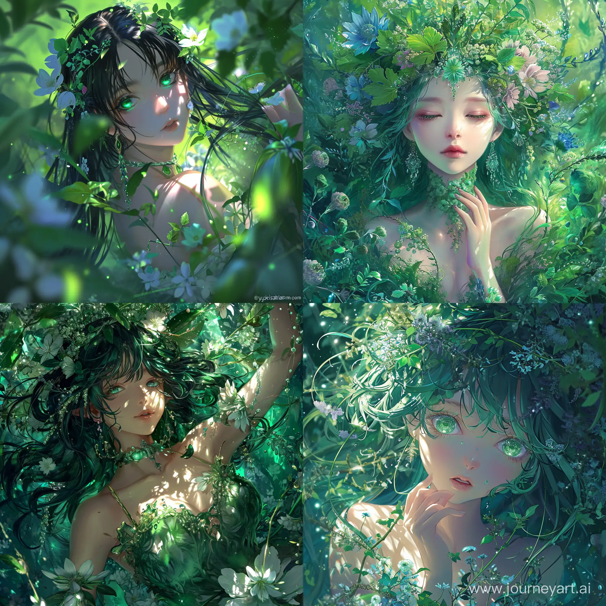 парфуми, лікарські трави, the color of the deepest forest emeralds, sparkle with a hint of magic and mystery, reflecting the beauty of the floral symphony that surrounds her, With the clarity and detail of 8K Ultra HD images, every petal, every hue, and every expression of her otherworldly charm come to life in vivid splendor, by yukisakura, awesome full color