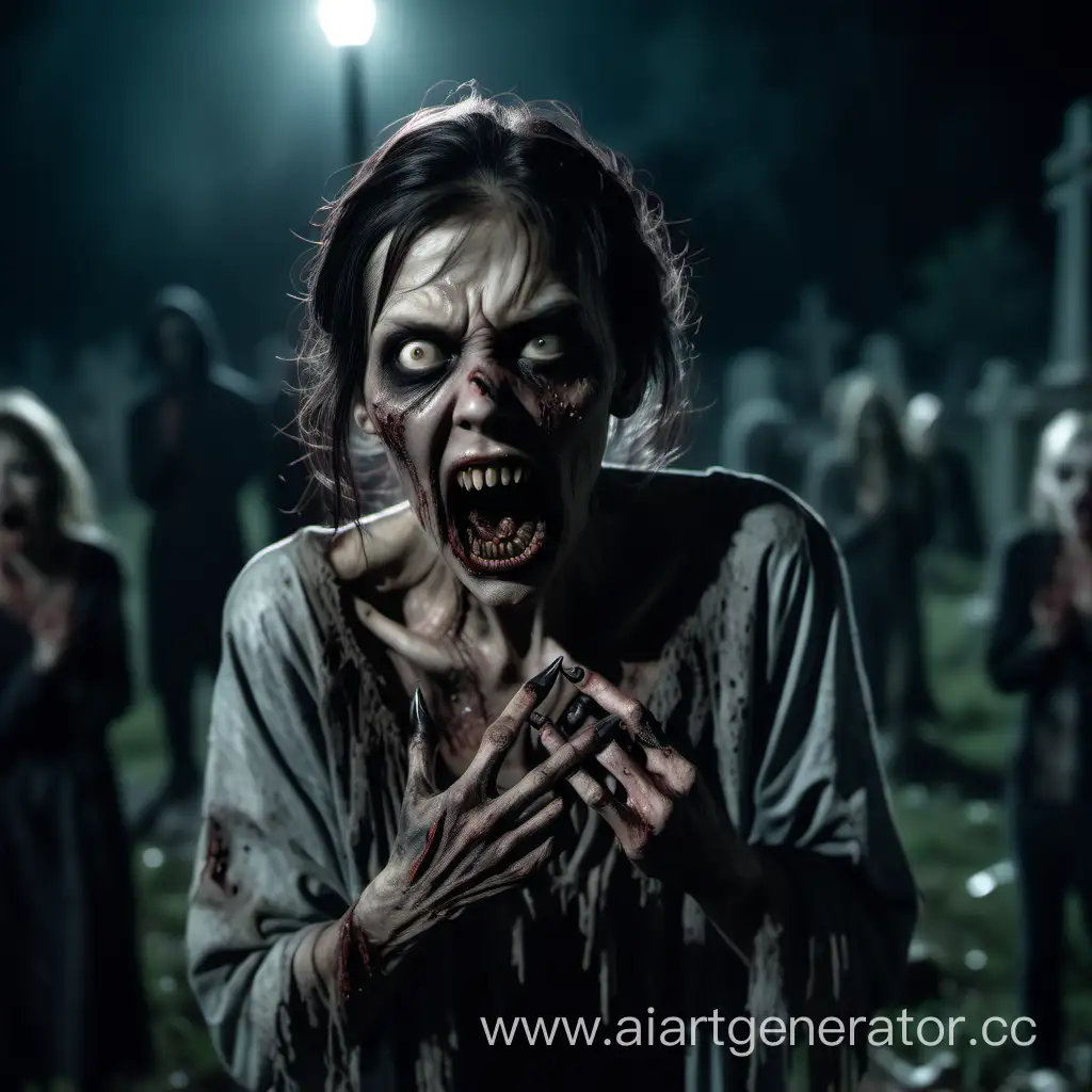 A rotting zombie woman is standing in the middle of the scene, with curved, long, pointed nails  protruding from her  five fingers like menacing claws . Her mouth is dangerously open, exposing pointed teeth that resemble fangs. Her eyes are empty and she is dressed in torn clothing. She is holding her hands in front of her and is ready to attack. The scene takes place in an abandoned cemetery at night. It has a hyper-realistic feel, with high-definition cinematics and photorealistic lighting, as well as a focus on the detail of the hands and nails.