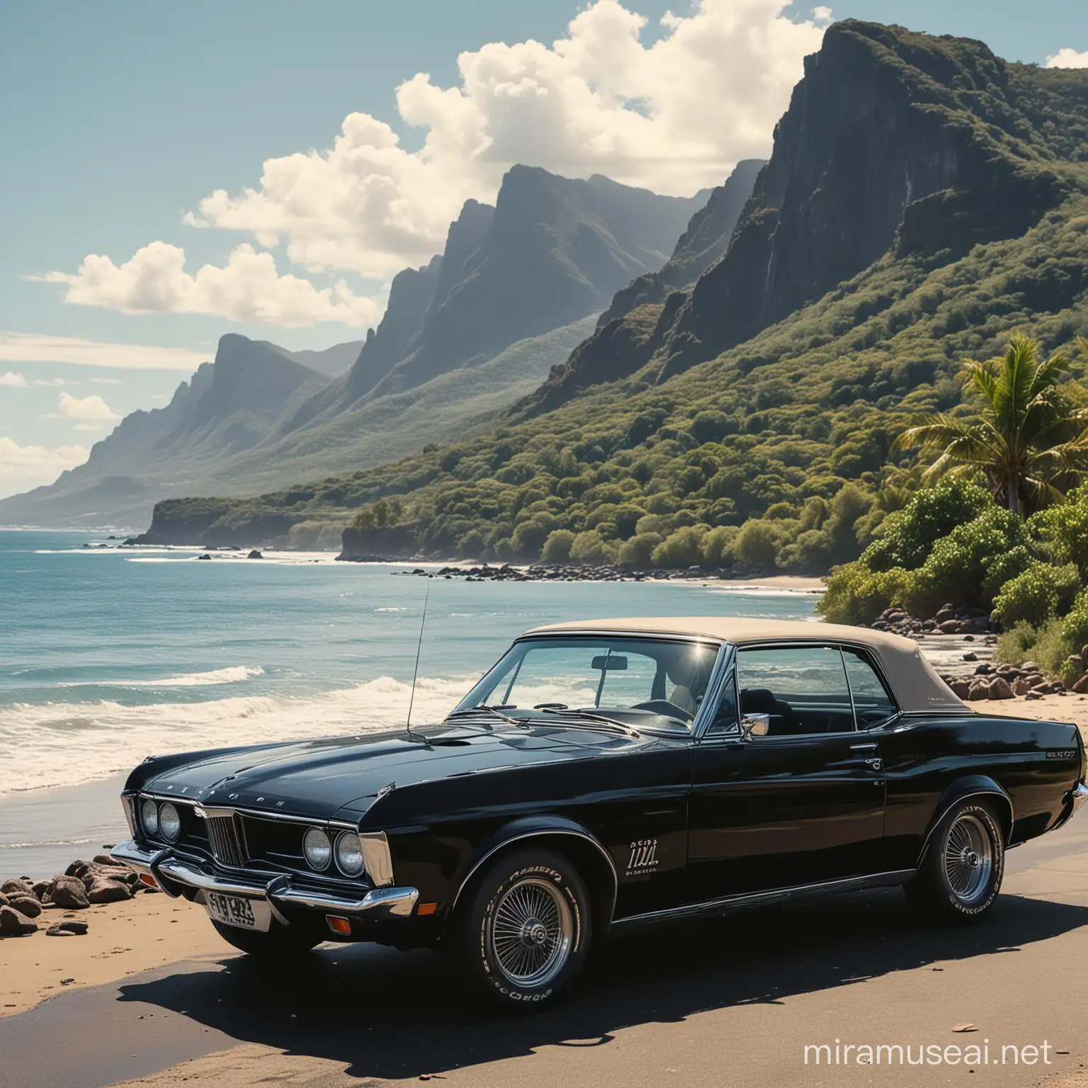 The image is of a black Cougar car parked outdoors. It is a classic muscle car with tags including vehicle, land vehicle, wheel, classic car, transport, muscle car, auto part, tire, bumper, hardtop, grille, road, and outdoor.The image features a beach with a body of water and mountains in the background. The setting includes a tropical landscape with a clear sky and potentially some clouds. This coastal scene captures the beauty of nature with water, trees, and mountains in view.Mauritius,1967 Mercury Cougar GT.Black woman beautiful face is shown.  The woman's body parts such as chest, thigh, stomach, and abdomen are visible.painterly smooth, extremely sharp detail, finely tuned detail, 8 k, ultra sharp focus, illustration, illustration, art by Ayami Kojima Beautiful Thick Black