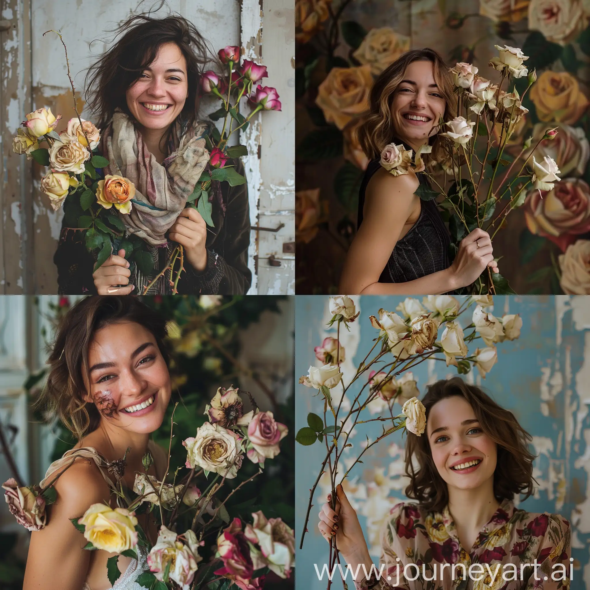 A woman holding dead roses a lot flowers, smiling, artistic composition, photo