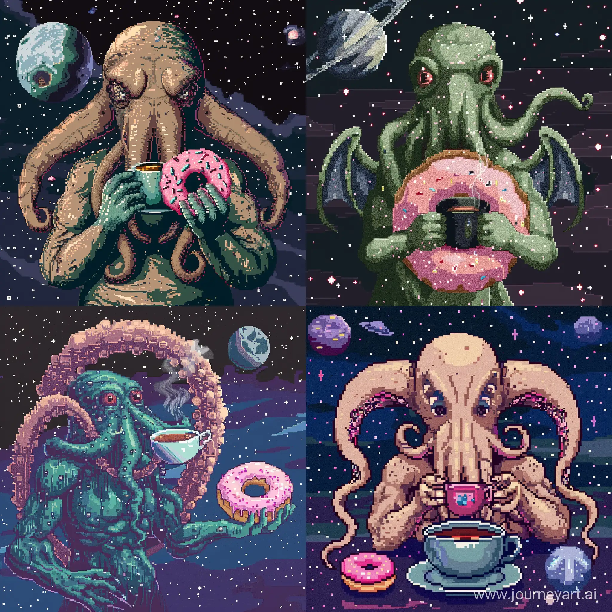 Cthulhu-Space-Tea-Party-with-Pink-Doughnut-Pixel-Art