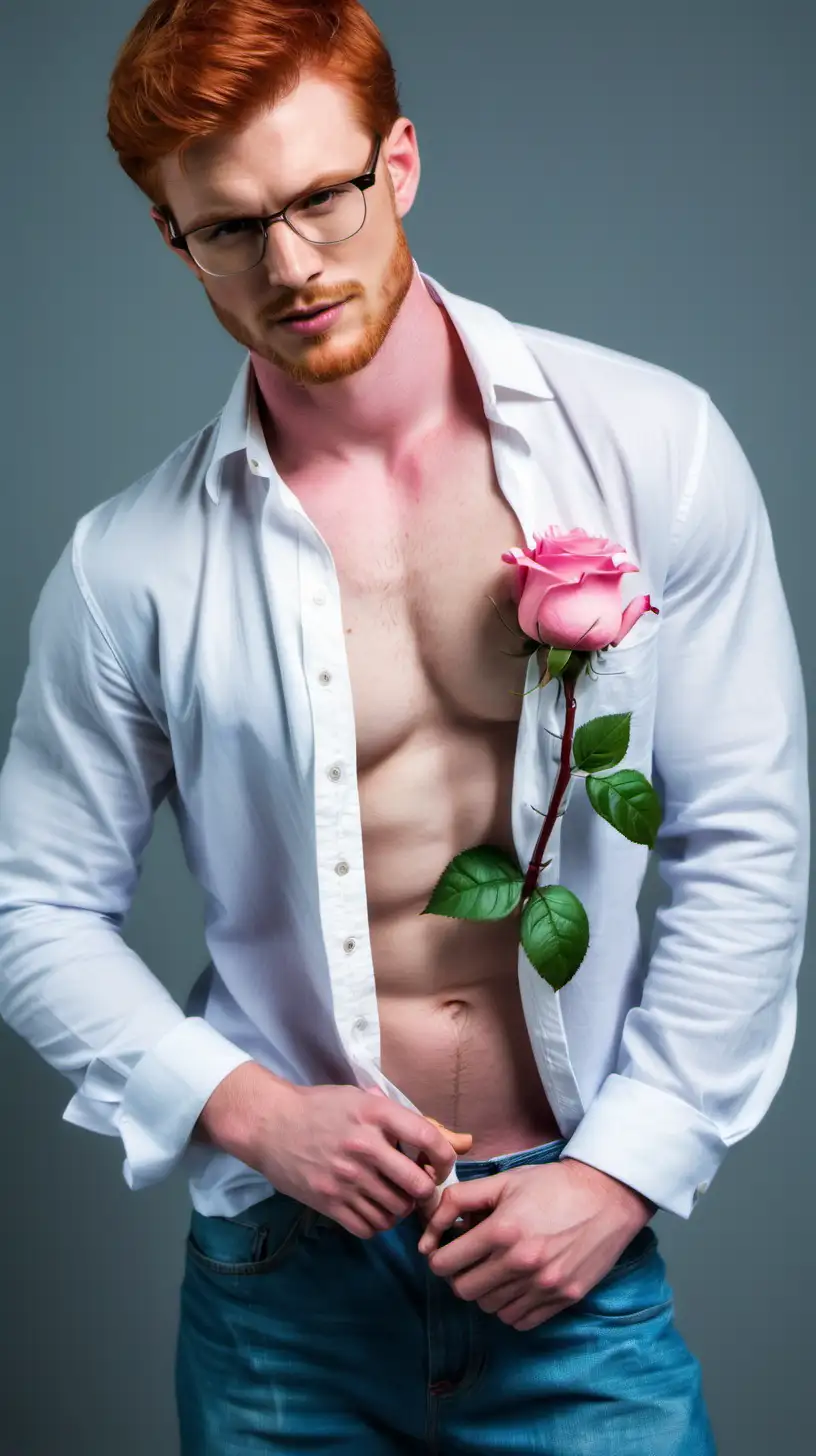 Redhead handsome male model, short hair, stubbles, glasses, shirtless , white unbuttoned shirt, blue jeans, show hairy chest, show abs, caring, assuring, holding a pink rose 
