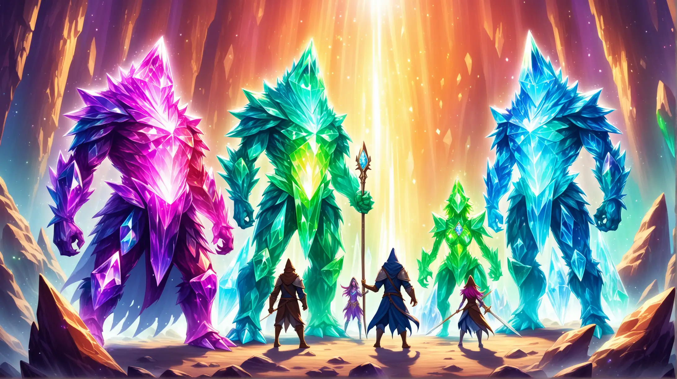 group of male and female humanoid crystal monsters, iridescent multicolor, warriors and wizards, shining gemstone mine, Medieval fantasy