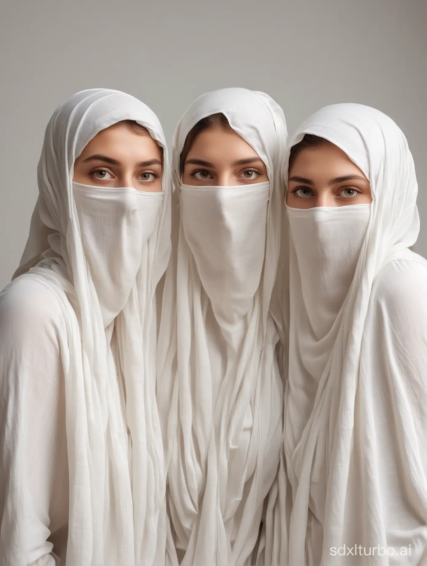 Three young women with their faces covered with white fabric  looking like an ancient Greek statue