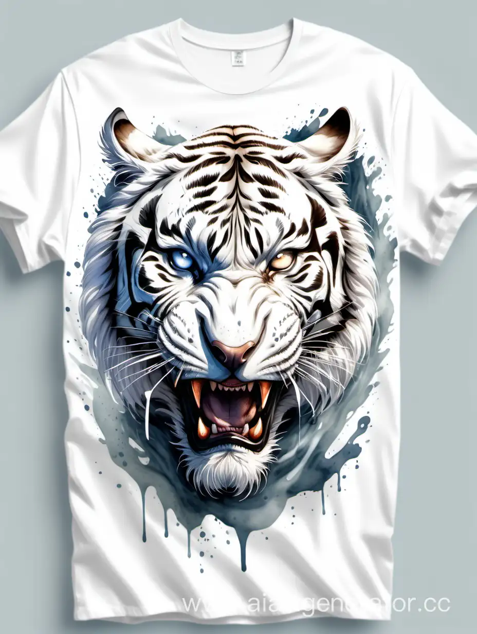 furious white tiger, watercolor style, very fluid, shirt mockup