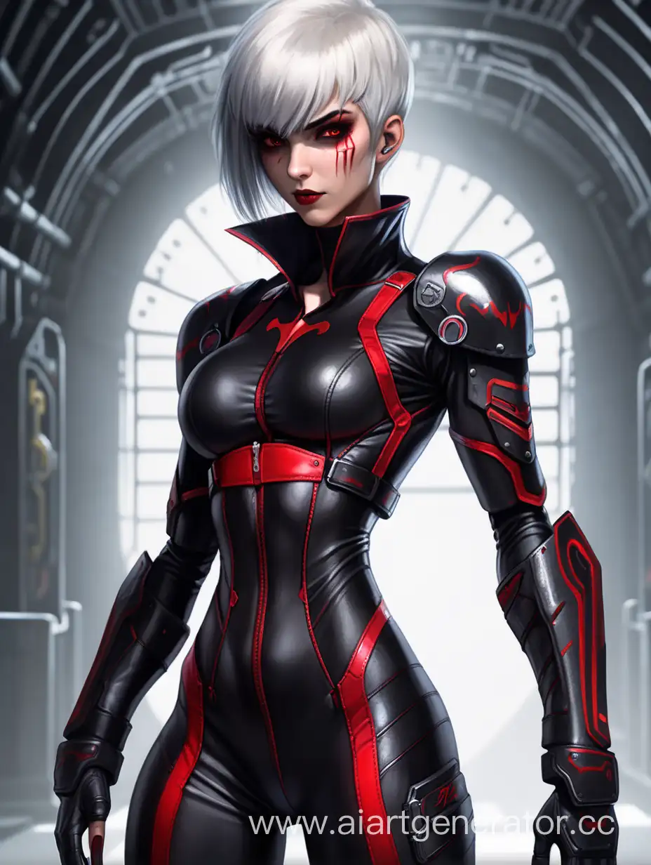 Vampire, Fallout vault black tight suit, athletic body, cyberpunk black and red vampire armor, short white hair with bangs, female character 