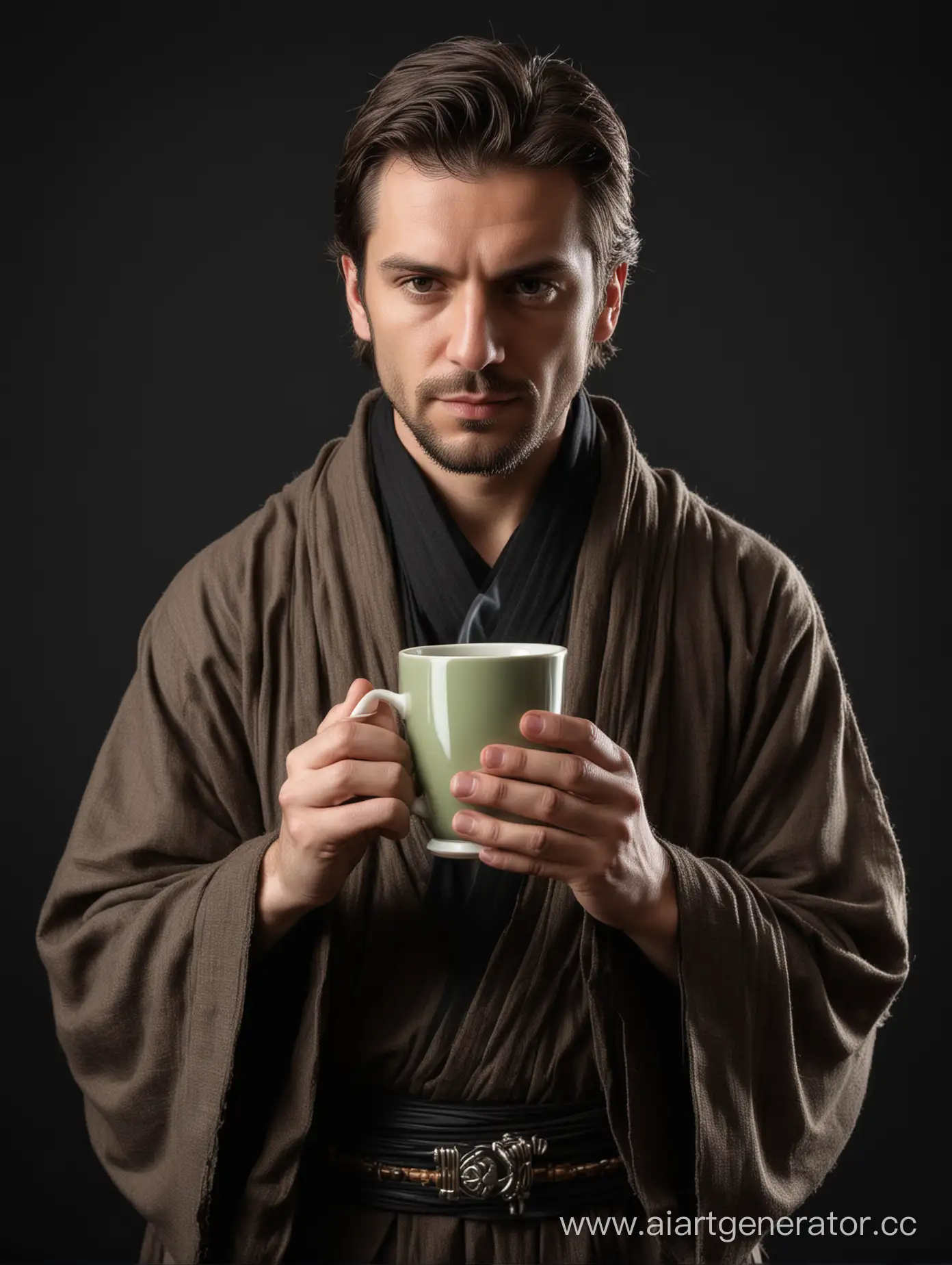 взрослый мужчина джедай на чёрном фоне пьёт травяной чай