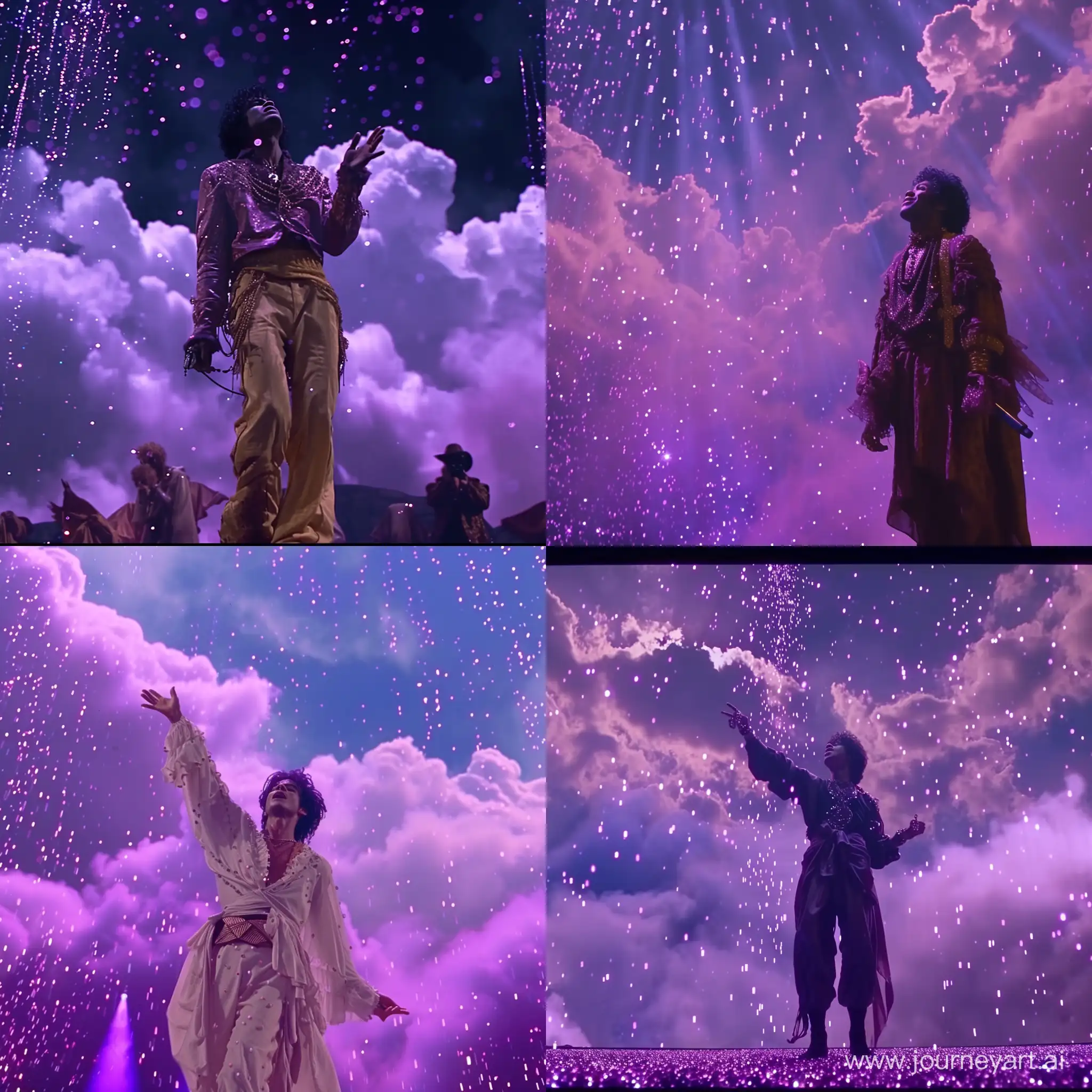 the singer prince on an open-air stage with purple clouds in the sky and purple glitter rain falling, screenshot from the dark crystal 1982