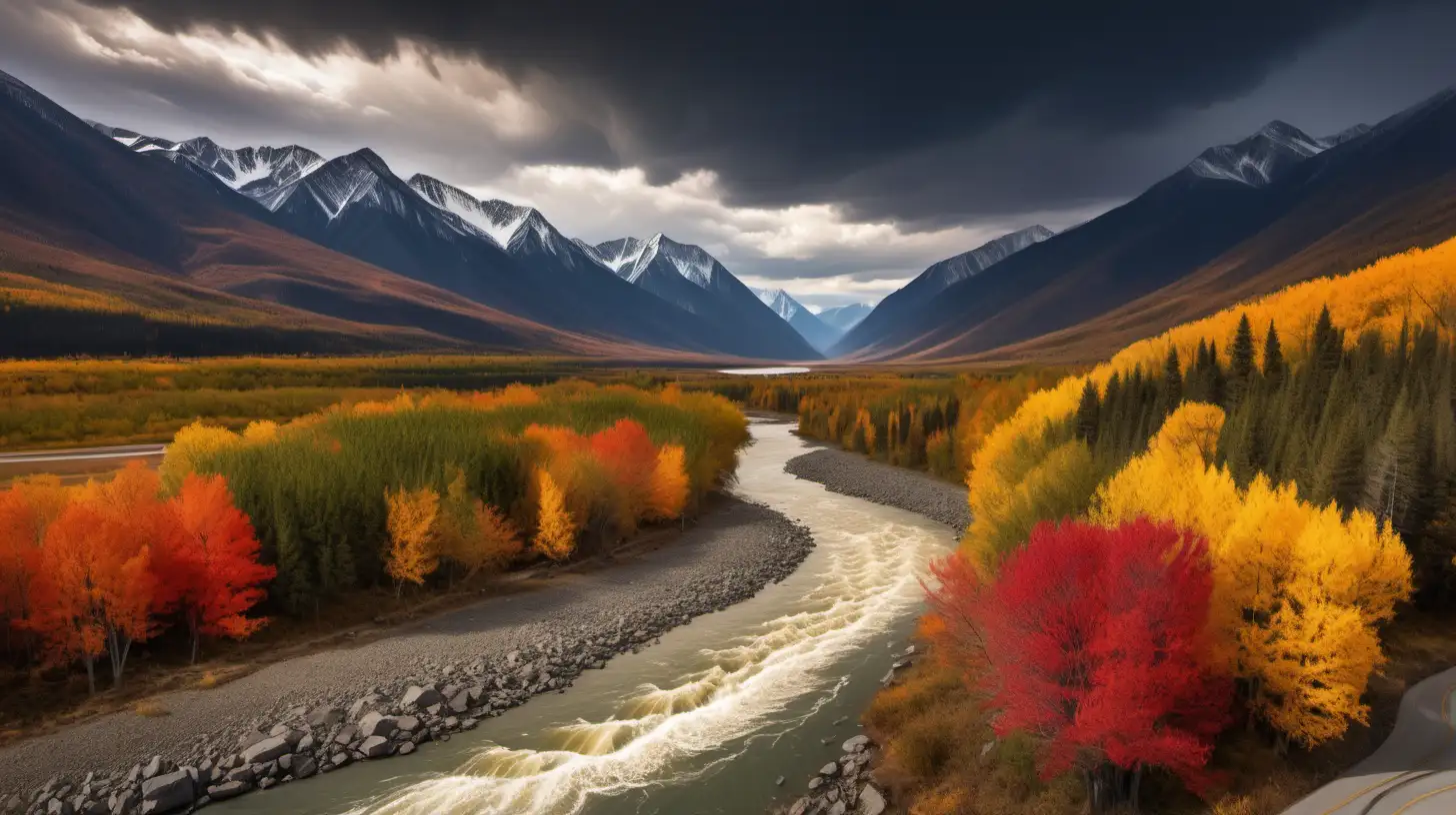 
beautiful mountains, flowing river, dramatic skies, fall seasonal colors,  bush plane small in the distance
