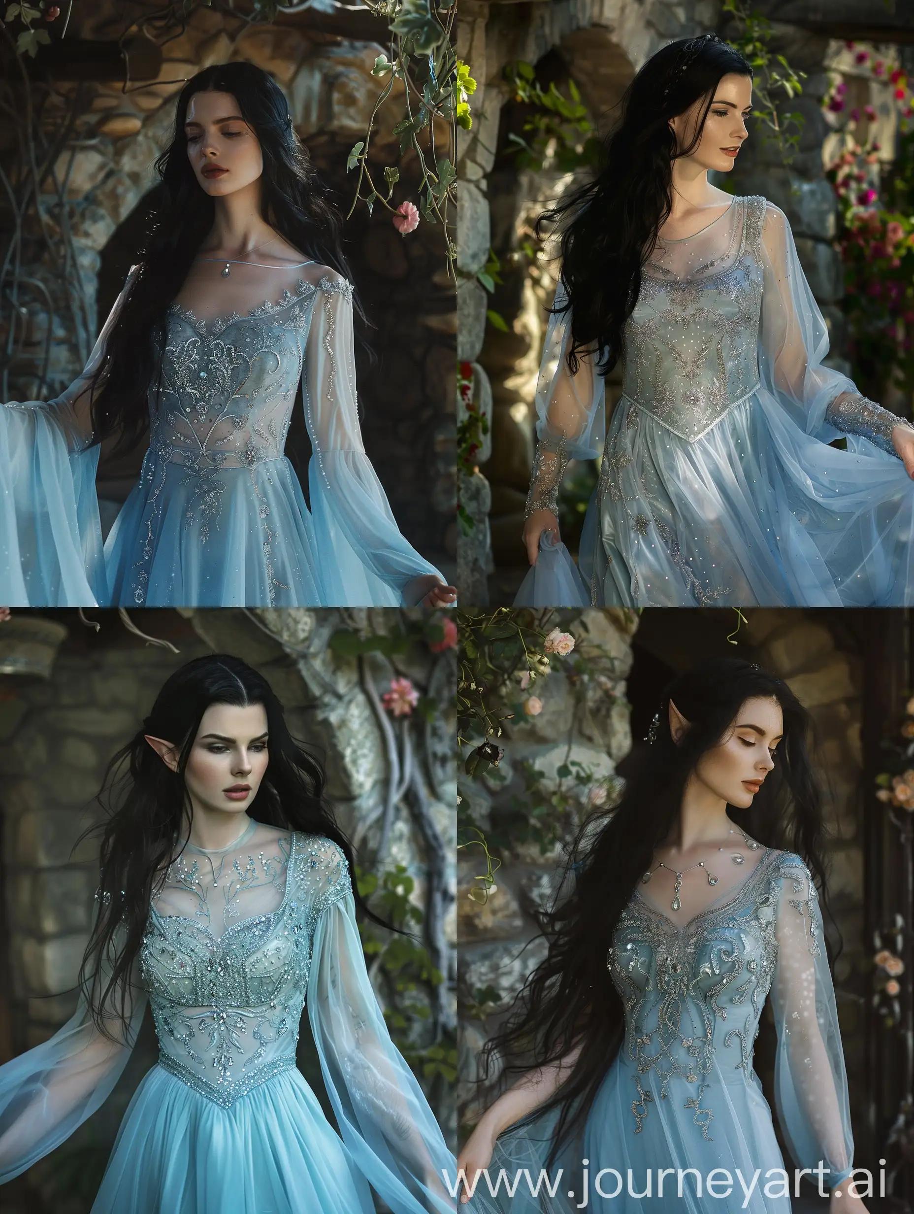 in a luxurious elven ballroom, vines and flowers climb the stone walls, a woman with long black hair walks. She wears a dazzling ice blue dress with sheer flowing sleeves and intricate silver embroidery at the neckline. Sparkling like morning dew, gemstones adorn the bodice of the dress and cascade down the skirt, ending with a dramatic neckline. darkness and shadows, a sly grin when looking at someone