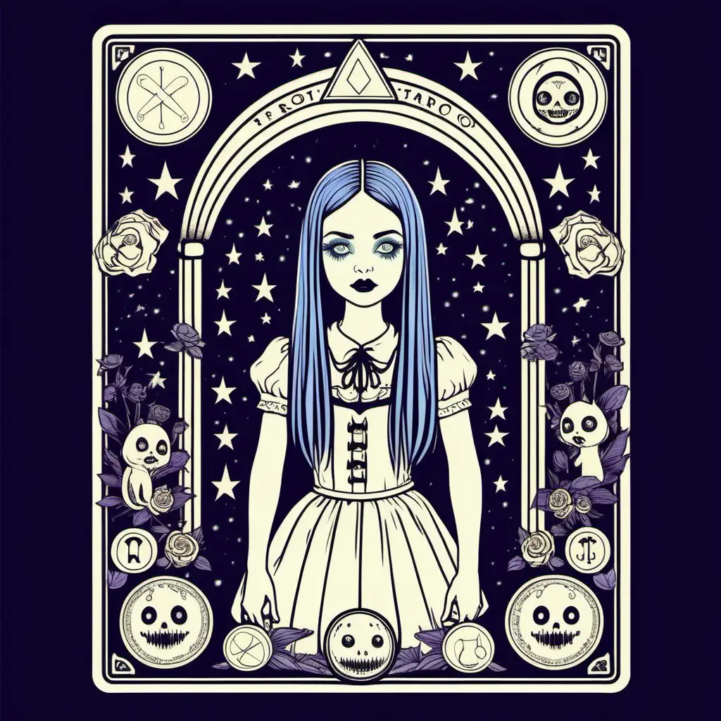 vintage tarot card tshirt print design, pastel goth , super kawaii, wednesday addams inspired vector illustration