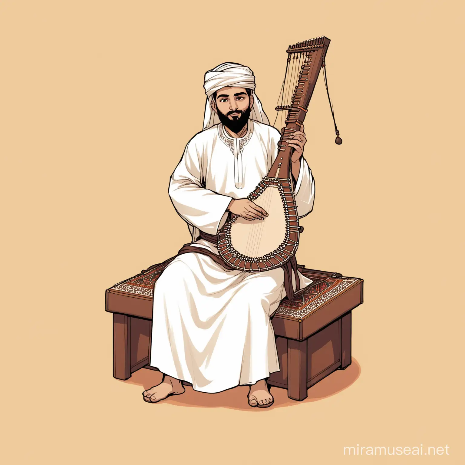 Cartoon Illustration of a Man Playing the Rebab Musical Instrument