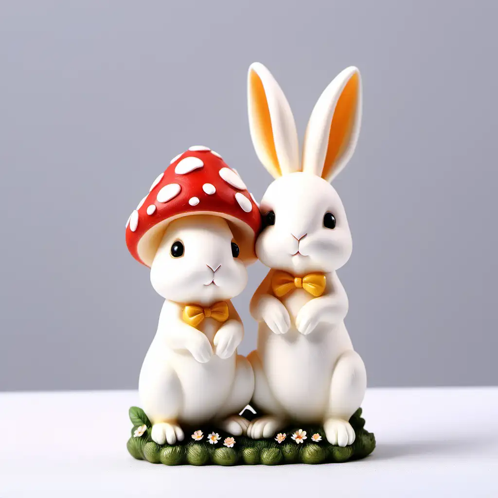 Charming European Easter Scene with Resin Mushrooms and Cute White Rabbit
