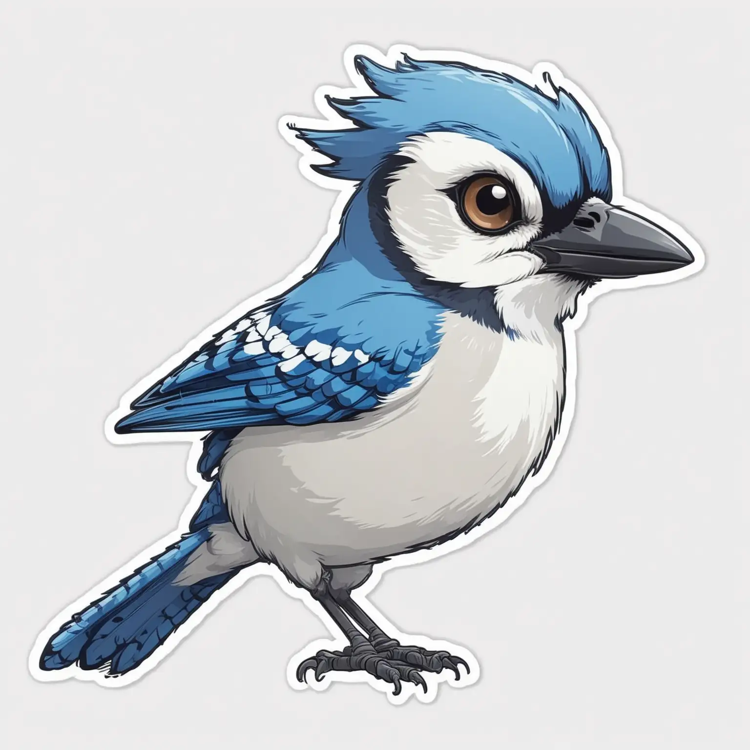 Sticker of a cute blue jay full body, caricature style, exaggerated features, bold lines, Die-cut sticker, vector, white background, isolated on a white background