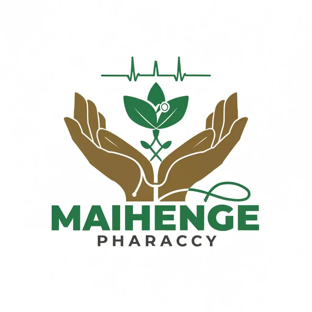 logo, HOLDING HANDS WITH AN OLIVE BRANCH FORMING A CIRCLE AROUND THEM, A HEART ABOVE THE HANDS WITH A CARDIAC ECG RUNNING ACROSS IT with the text "MAHENGE PHARMACY", typography