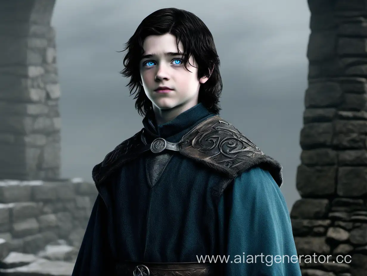 A young guy, short in stature, looks like a fifteen-year-old teenager. He has coal-black hair and bright blue eyes. He is the son of Eddard Stark of the Stark House in Winterfell.