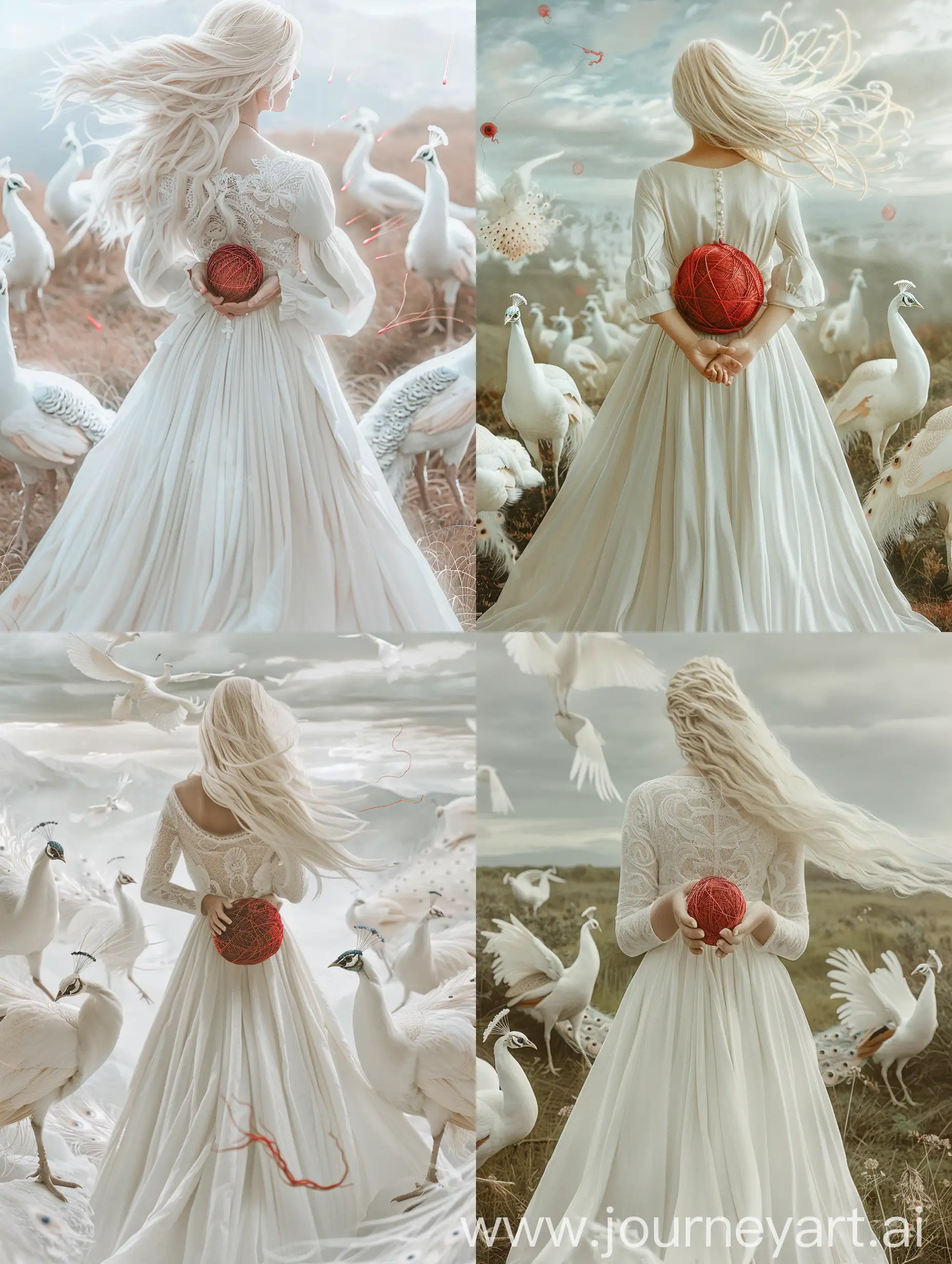 Ethereal-Blonde-Girl-Embracing-Red-Threads-Amidst-White-Peacocks