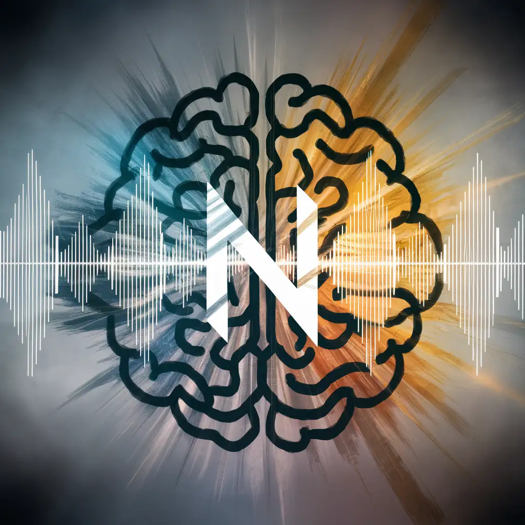 Sound wave pattern, interlacing effect, stylized brain depiction, symbolize neuro aspect, merge elements, subtle 'N', neuro-sonic concept